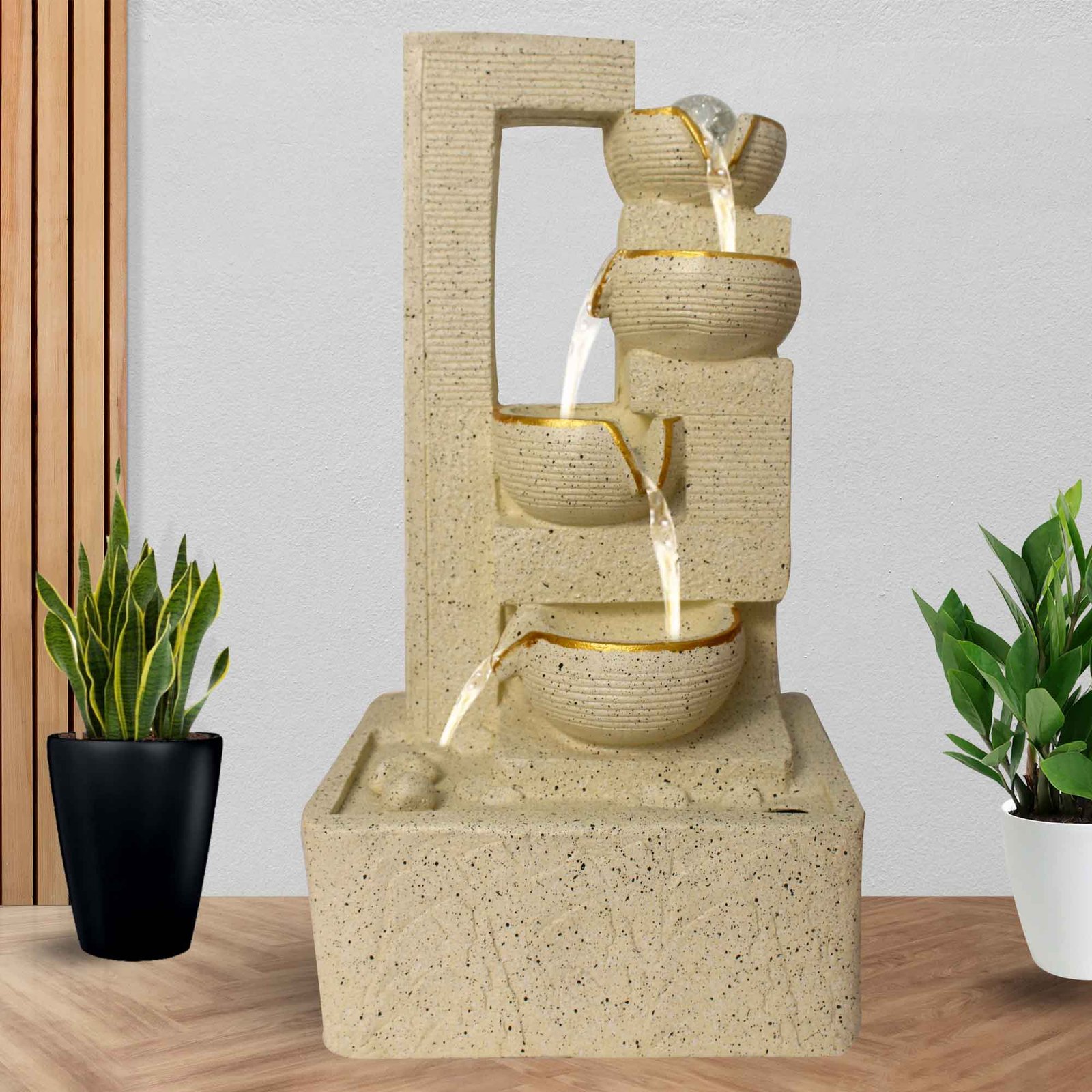Handicarft Diya water fountain indoor decor Large Size With Led Light & Crystal Ball - sandstone Finish 53 cm G57GX0432IGDMX