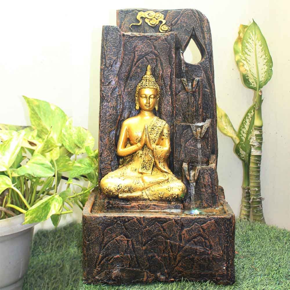 Pranam Buddha water fountain indoor vastu Large Size With Led Light - Metalic Antique Finish 53 cm G57GX0433AGAMX