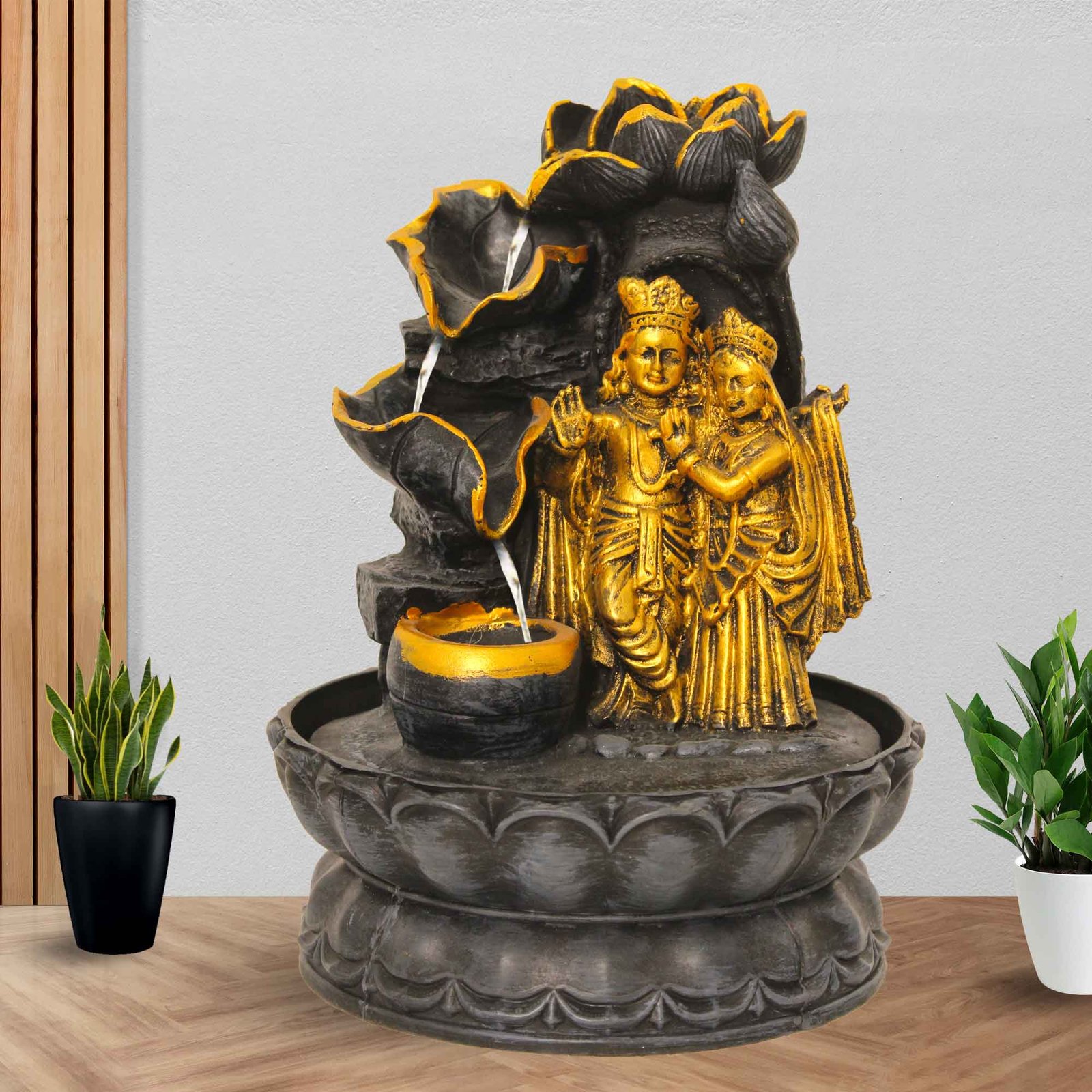 Lotus Radha Krishna water fountain for home vastu With Led Light - Metalic Antique Finish 27 cm G57GX0445FGAMX
