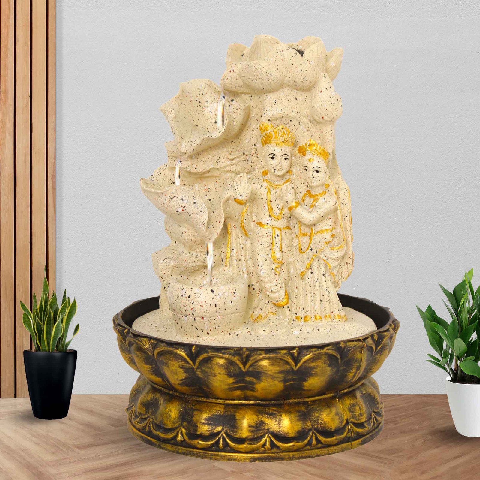 Lotus Radha Krishna water fountain for home indoor With Led Light - sandstone Finish 27 cm G57GX0445IGDMX