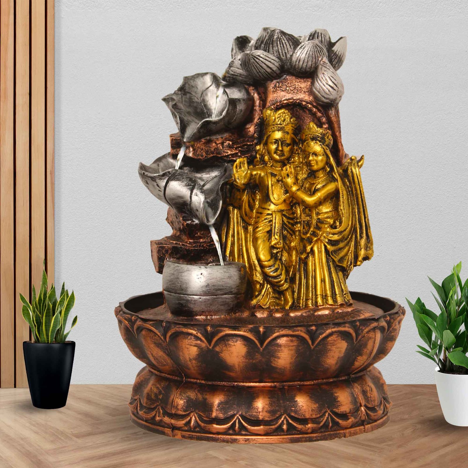 Lotus Radha Krishna water fountain for home with light With Led Light - Metalic Antique Finish 27 cm G57GX0445MGAMX