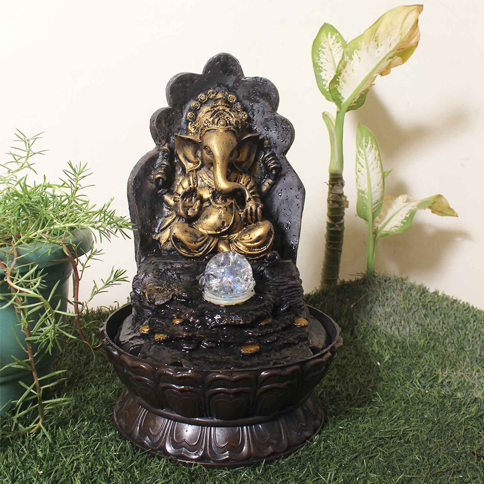 Lord Ganpati tabletop fountain indoor With Led Light & Crystal Ball - Metalic Antique Finish 42 cm G57GX0446AGAMX