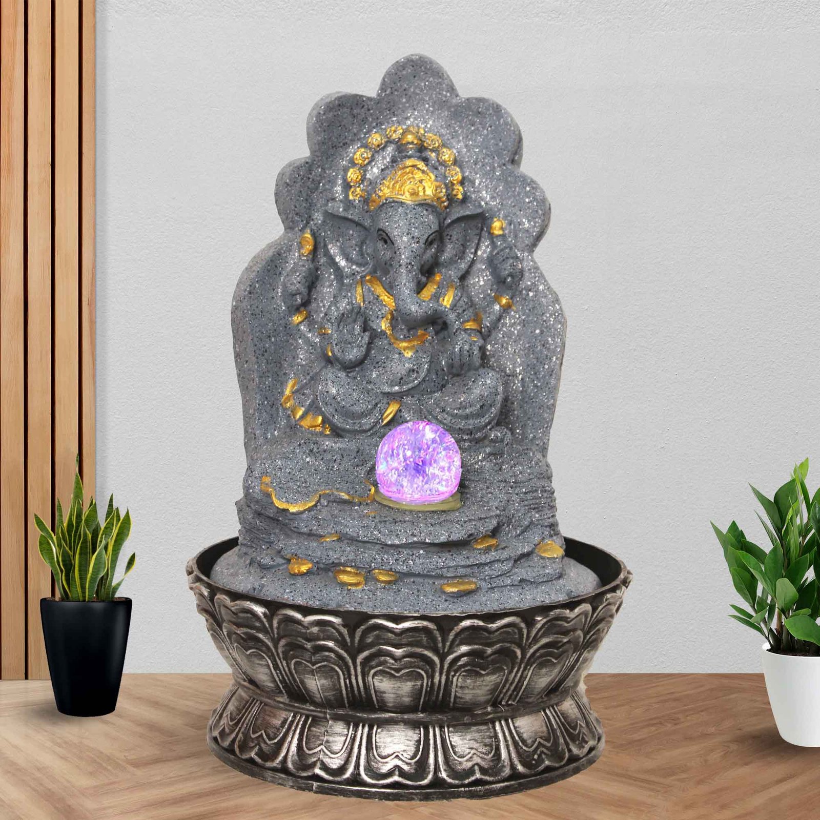 Lord Ganpati tabletop fountain With Led Light & Crystal Ball - sandstone Finish 42 cm G57GX0446FGDMX