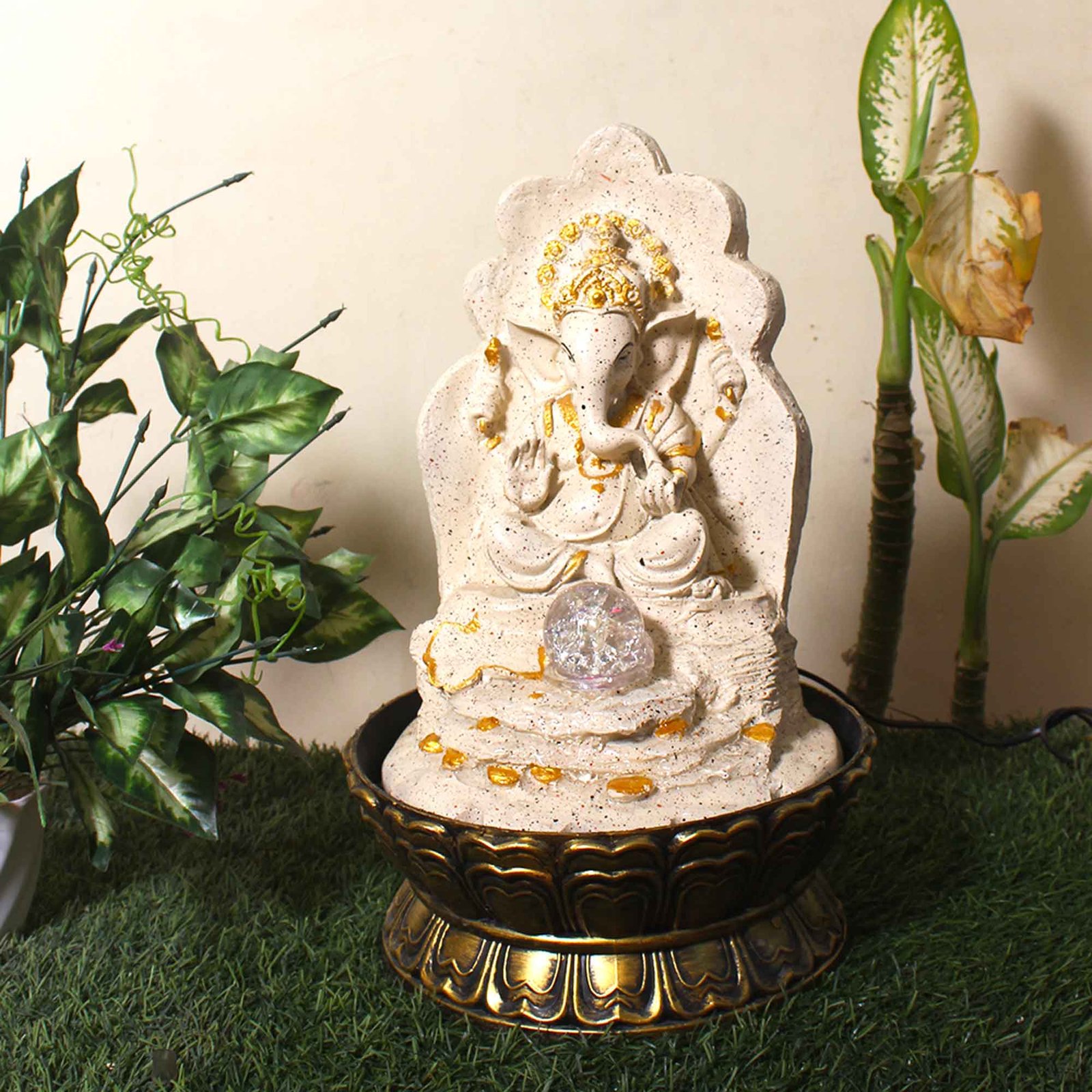 Lord Ganpati table top water fountain With Led Light & Crystal Ball - sandstone Finish 42 cm G57GX0446IGDMX