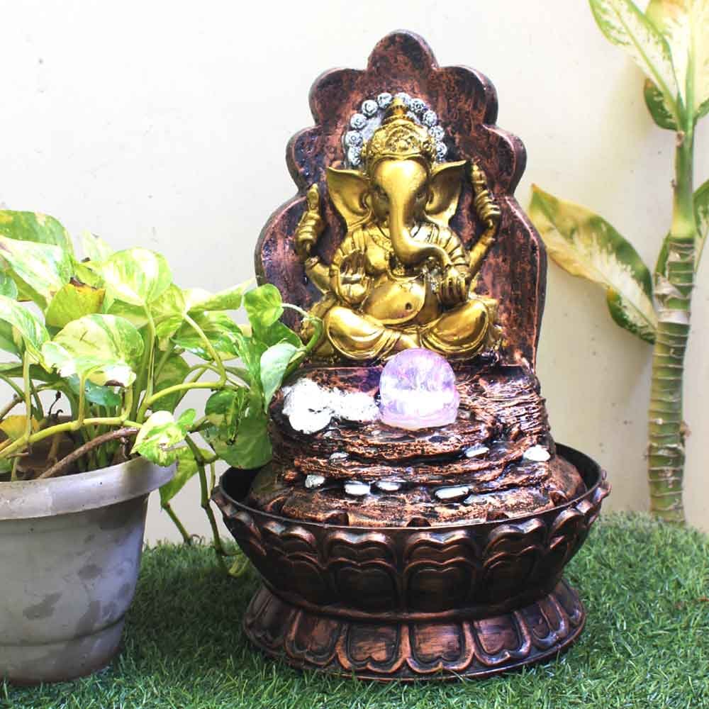 Lord Ganpati tabletop small indoor water fountain With Led Light & Crystal Ball - Metalic Antique Finish 42 cm G57GX0446MGAMX