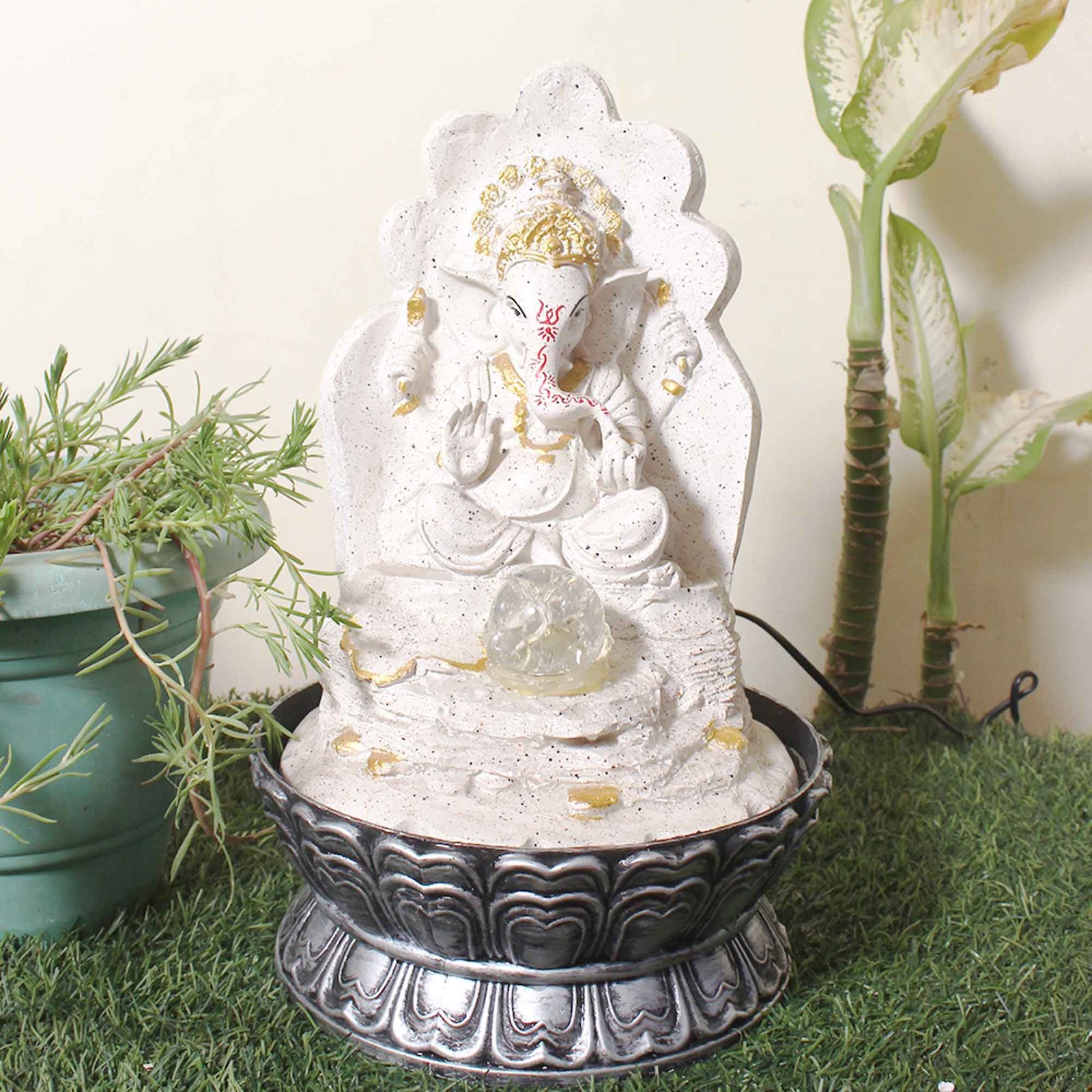 Lord Ganpati small water fountain indoor With Led Light & Crystal Ball - sandstone Finish 42 cm G57GX0446WGDMX