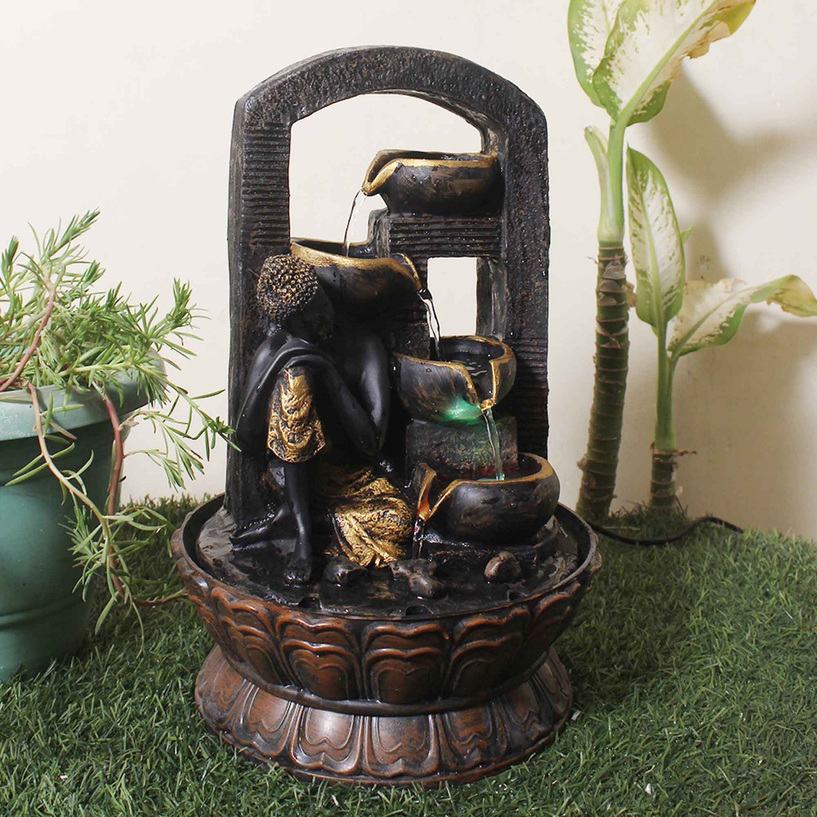 Thinking Buddha tabletop waterfall fountain With Led Light - Metalic Antique Finish 41 cm G57GX0447AGAMX