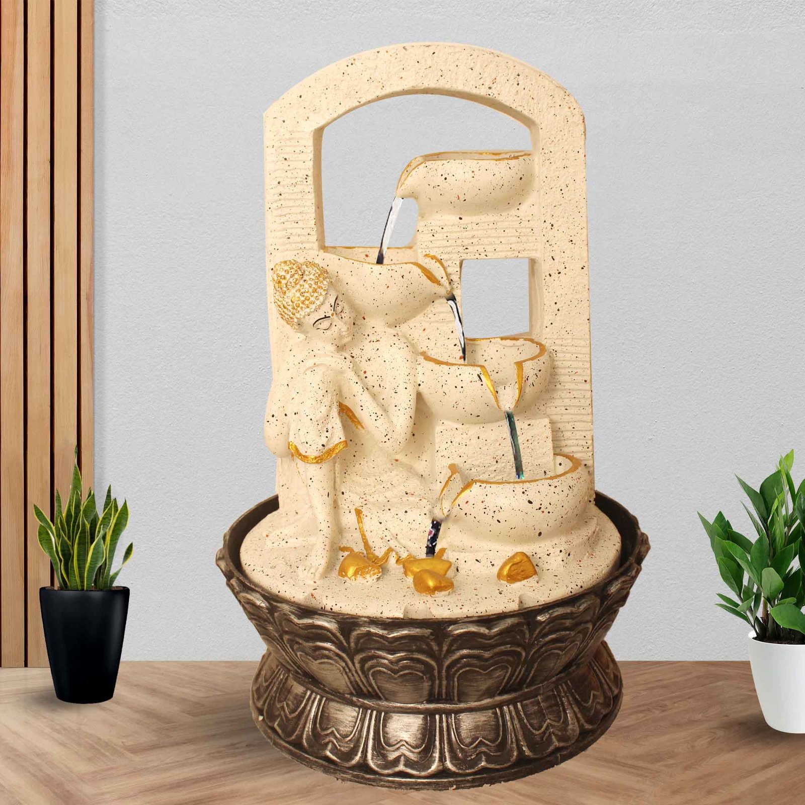 Thinking Buddha tabletop water fountain With Led Light - sandstone Finish 41 cm G57GX0447WGDMX