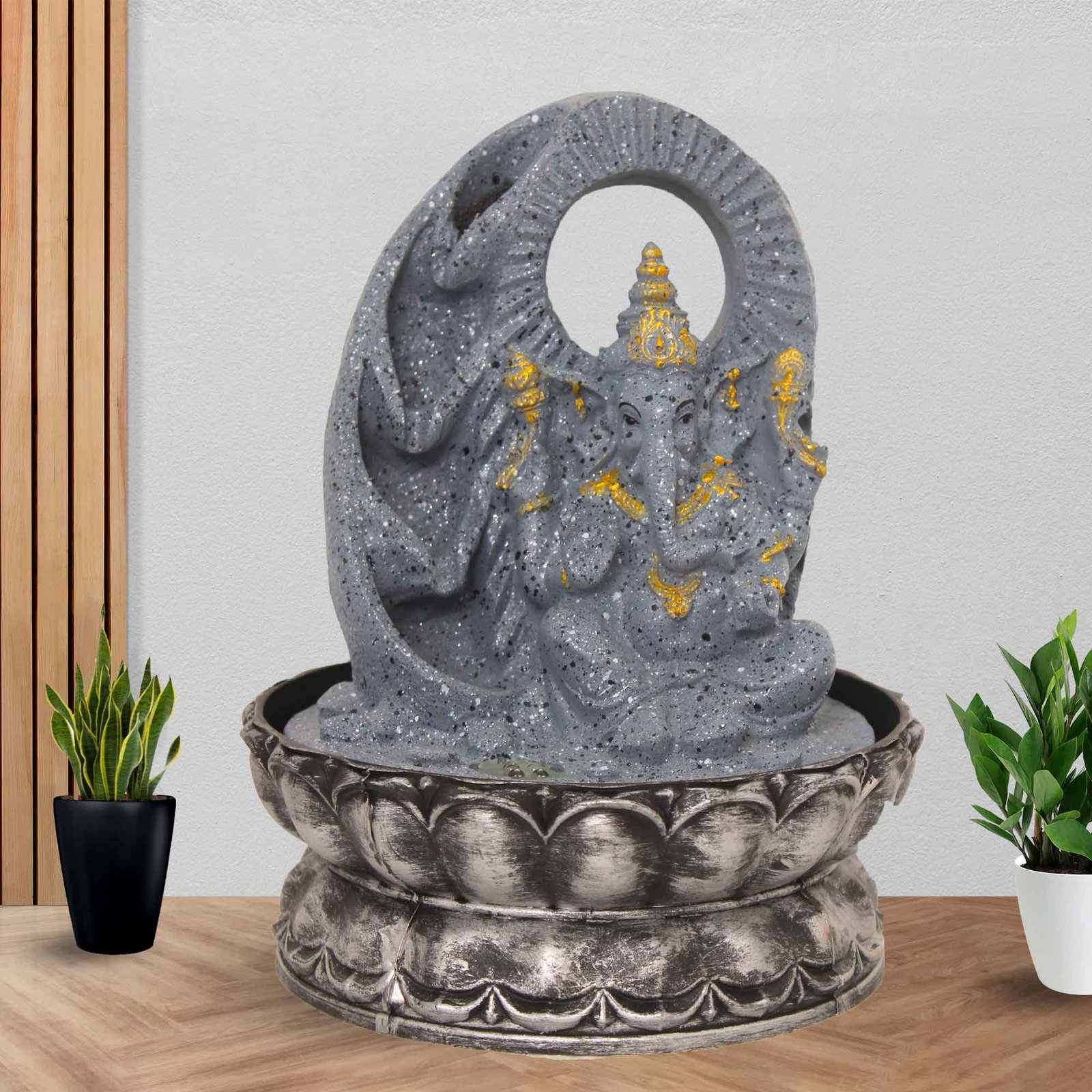 Polyresin Lord Ganesha Small water fountain for office With Led Light - sandstone Finish 25 cm G57GX0448FGDMX
