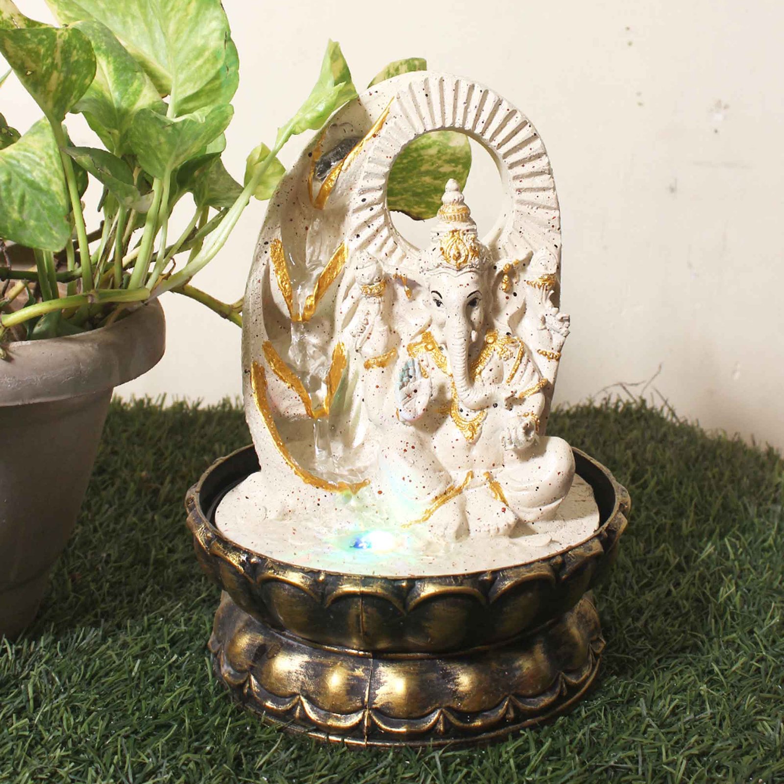 Polyresin Lord Ganesha Small water fountain for living room With Led Light - sandstone Finish 25 cm G57GX0448IGDMX