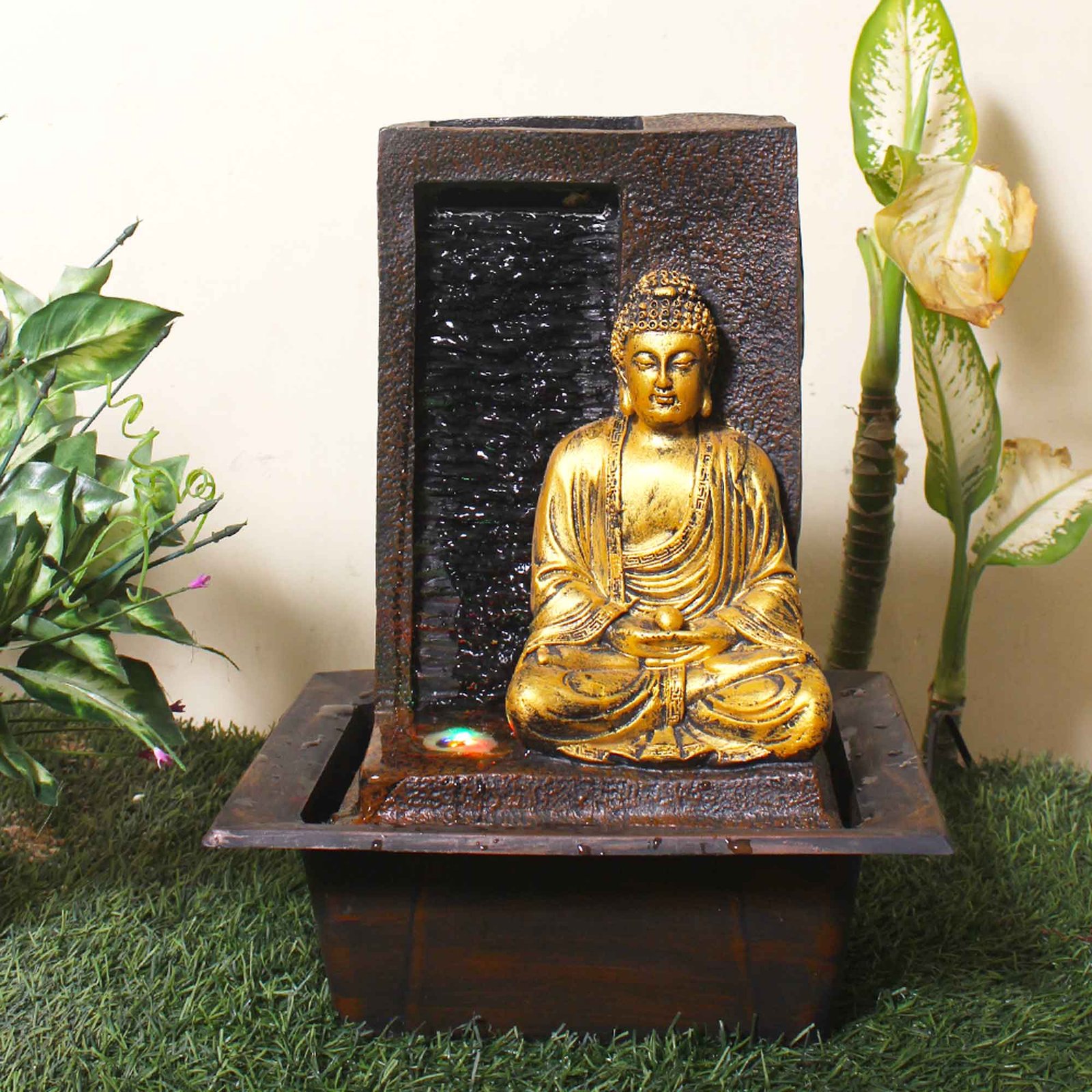 Polyresin Buddha tabletop water fountain With Led Light - Metalic Antique Finish 41 cm G57GX0449AGAMX