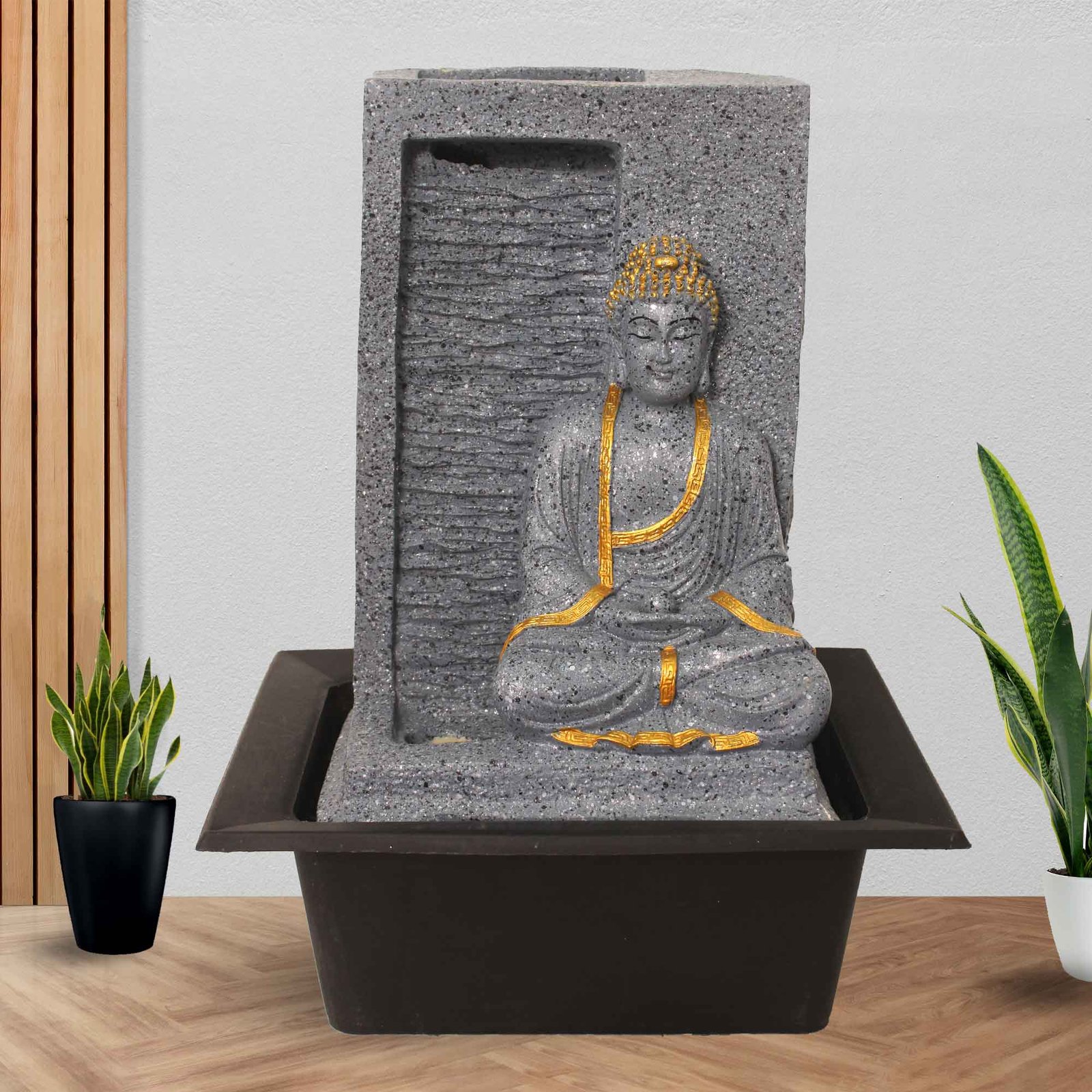 Polyresin Buddha tabletop small indoor water fountain With Led Light - sandstone Finish 41 cm G57GX0449FGDMX