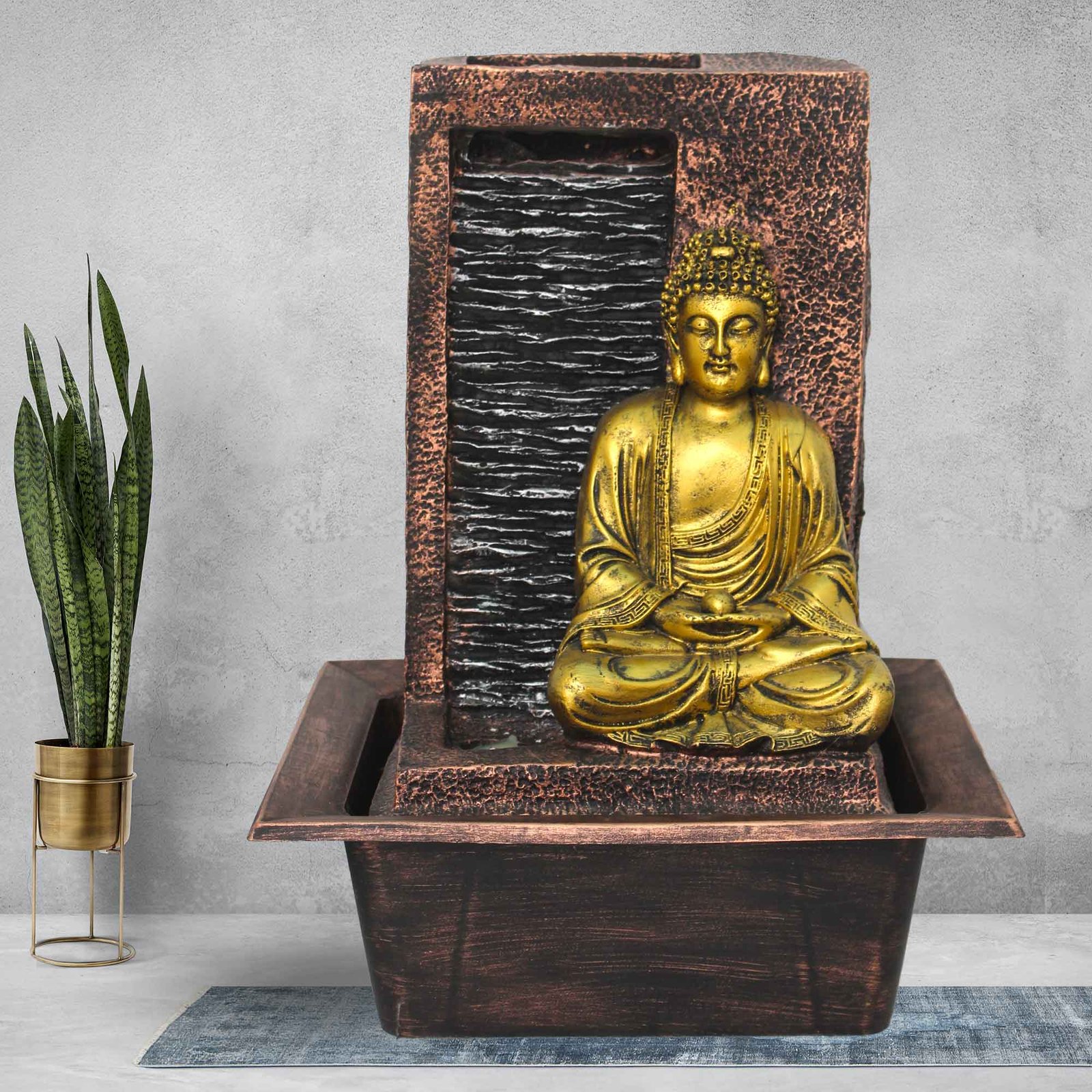 Polyresin Buddha tabletop water fountain for home With Led Light - Metalic Antique Finish 41 cm G57GX0449MGAMX