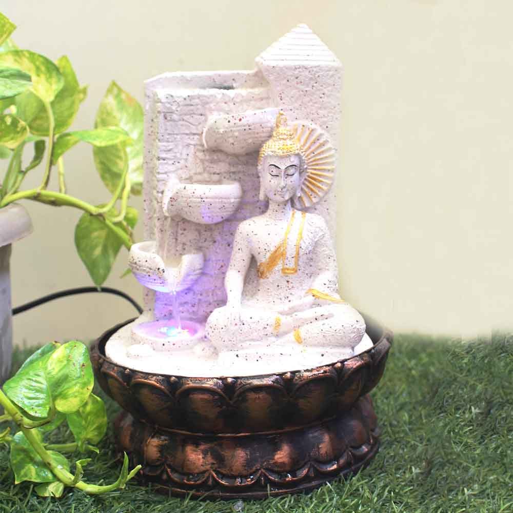 Lord Buddha with Diyas water fountain statues With Led Light - sandstone Finish 27 cm G57GX0450PGDMX