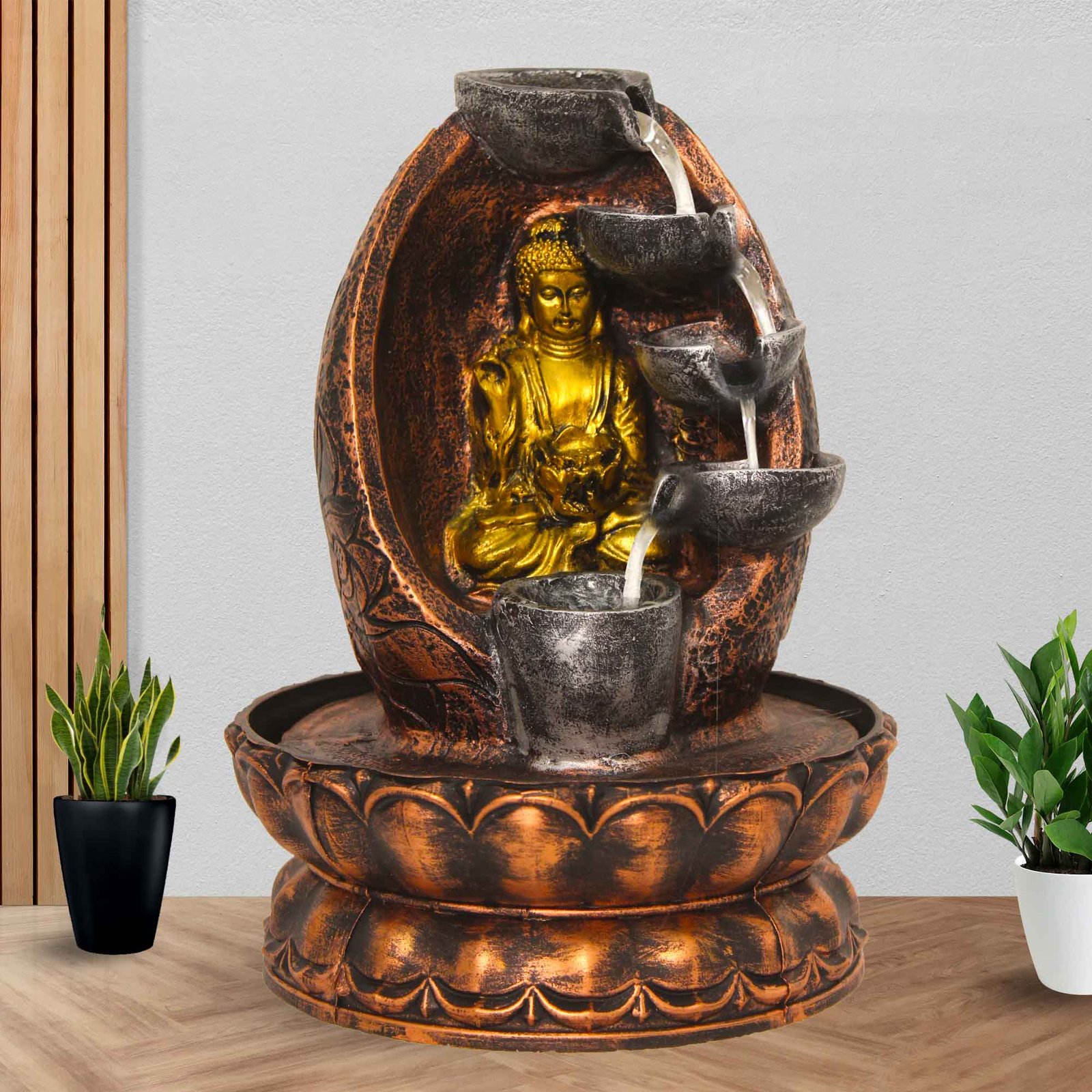 Lord Gautam Buddha waterfall showpiece for home With Led Light - Metalic Antique Finish 27 cm G57GX0451MGAMX