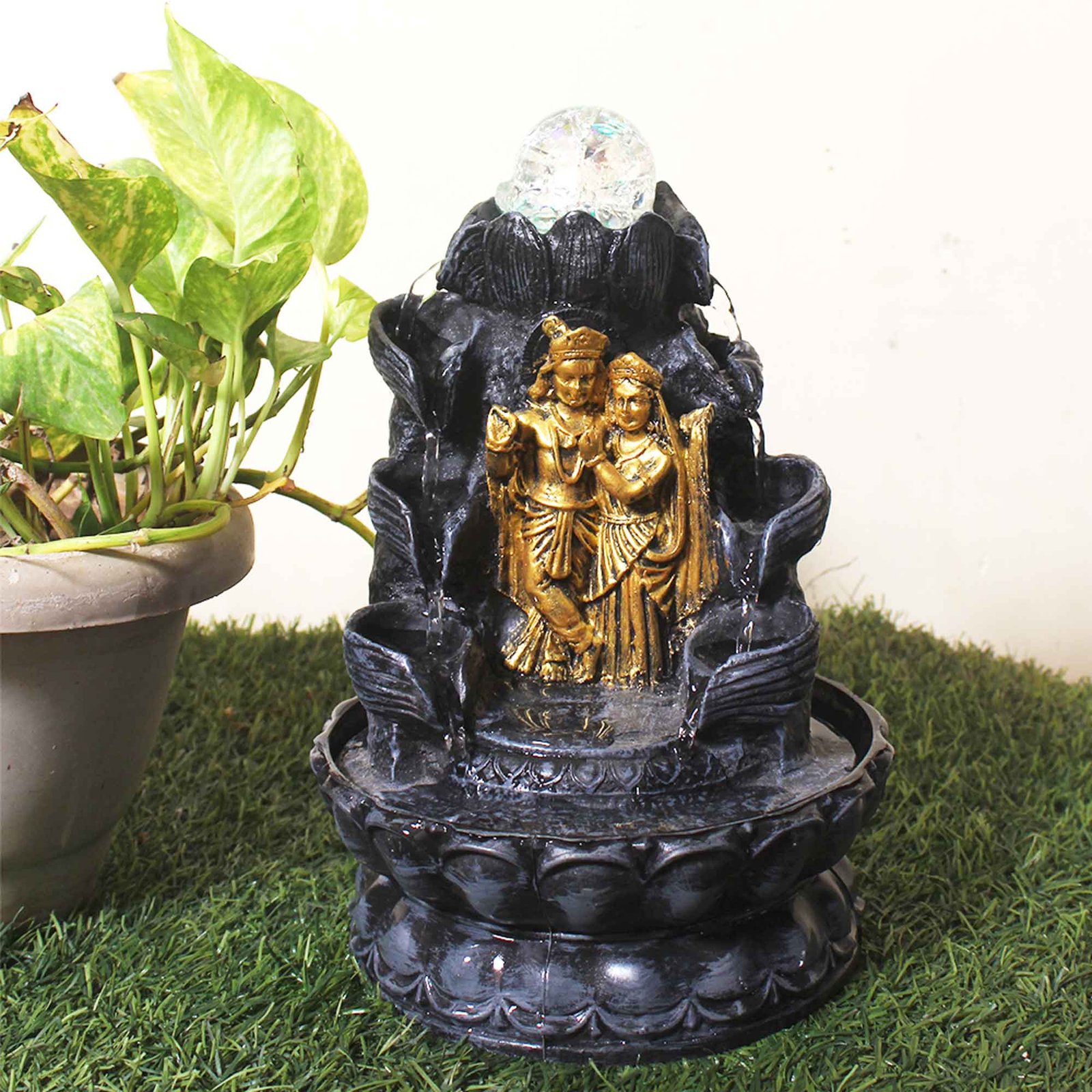 Decorative Radha Krishna best indoor fountain small waterfall With Led Light & Crystal Ball - Metalic Antique Finish 28 cm G57GX0452FGAMX