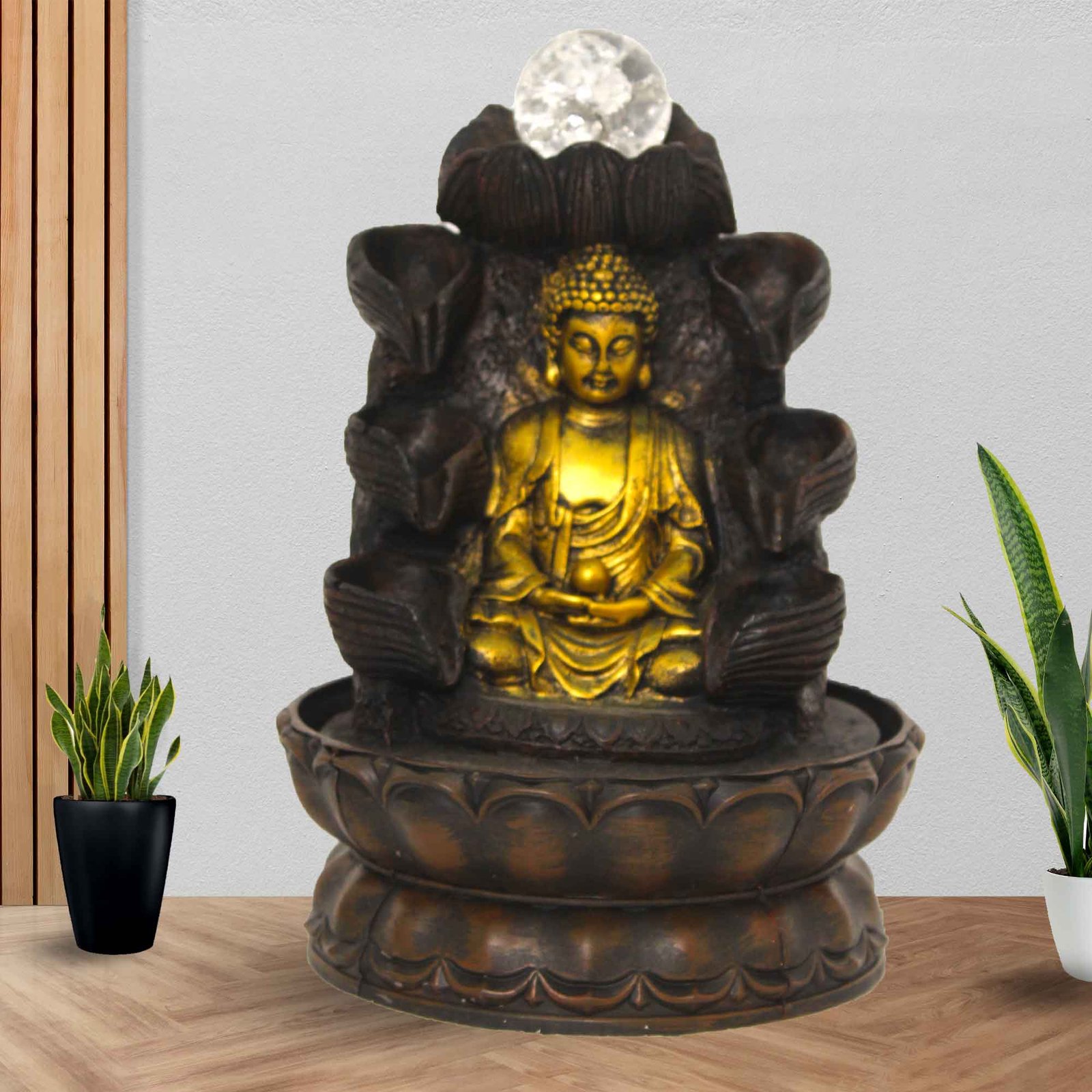 Lotus Buddha house water fountain Small Size With Led Light & Crystal Ball - Metalic Antique Finish 27 cm G57GX0456AGAMX