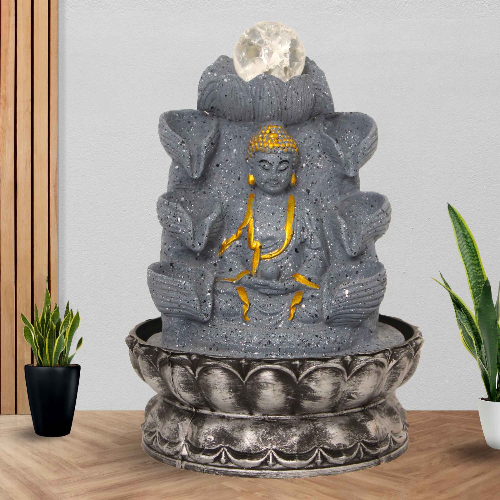 Lotus Buddha home water fountain indoor Small Size With Led Light & Crystal Ball - sandstone Finish 29 cm G57GX0456FGDMX
