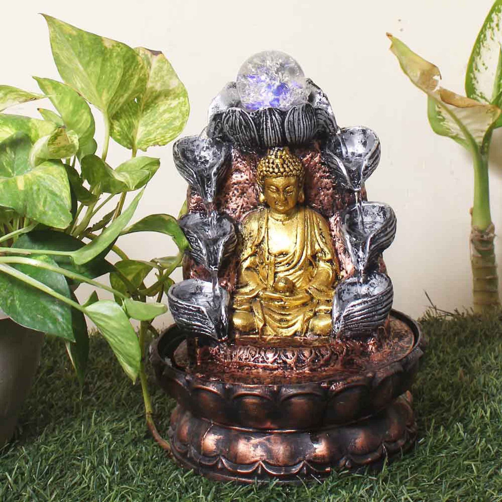 Lotus Buddha indoor fountain for home With Led Light & Crystal Ball - Metalic Antique Finish 27 cm G57GX0456MGAMX