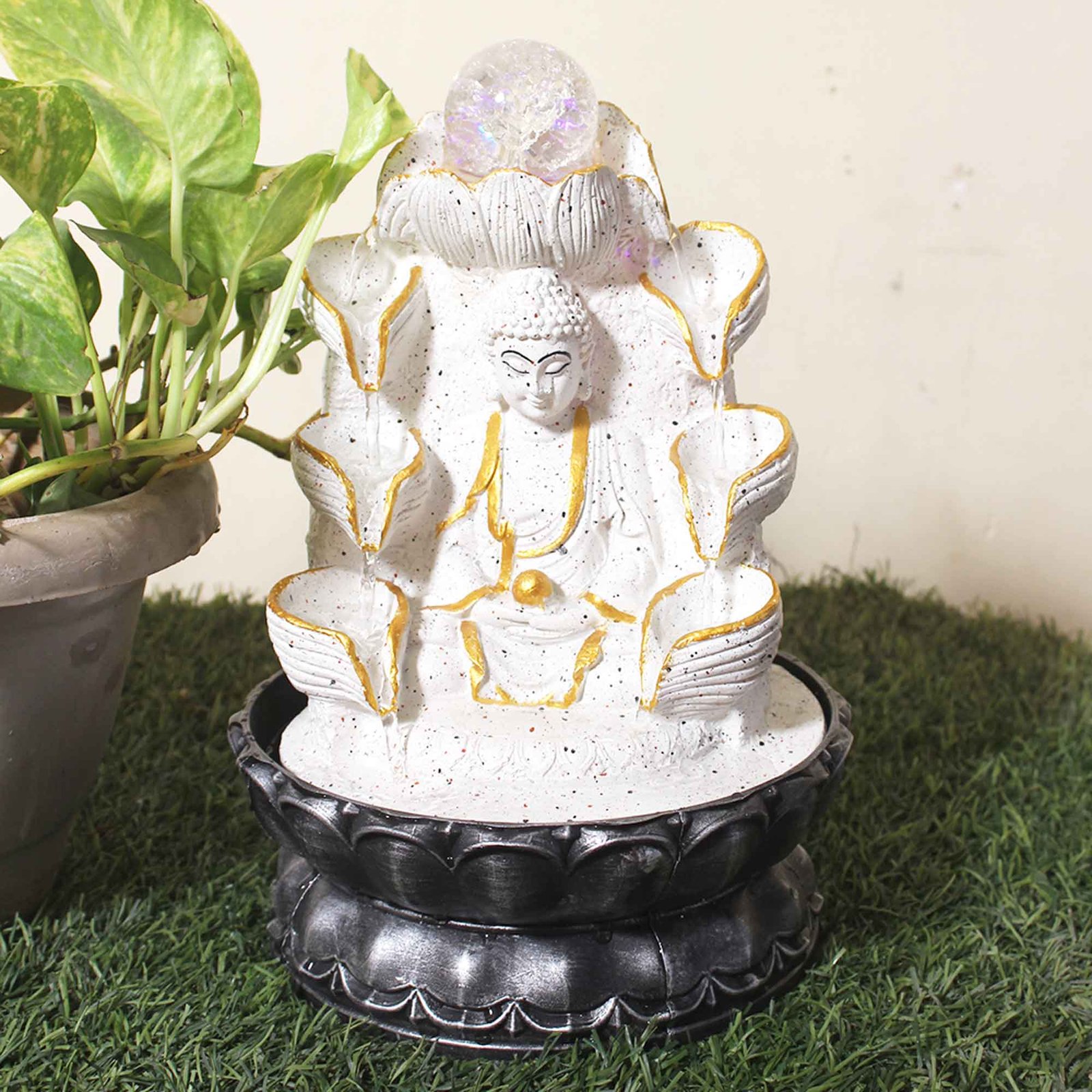 Lotus Buddha fountain for terrace garden With Led Light & Crystal Ball - sandstone Finish 29 cm G57GX0456WGDMX