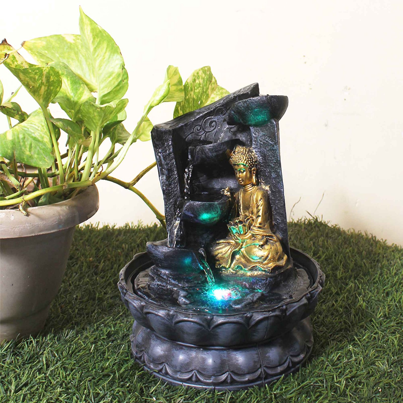 Artistic Buddha indoor water falls Small Size With Led Light - Metalic Antique Finish 27 cm G57GX0457FGAMX