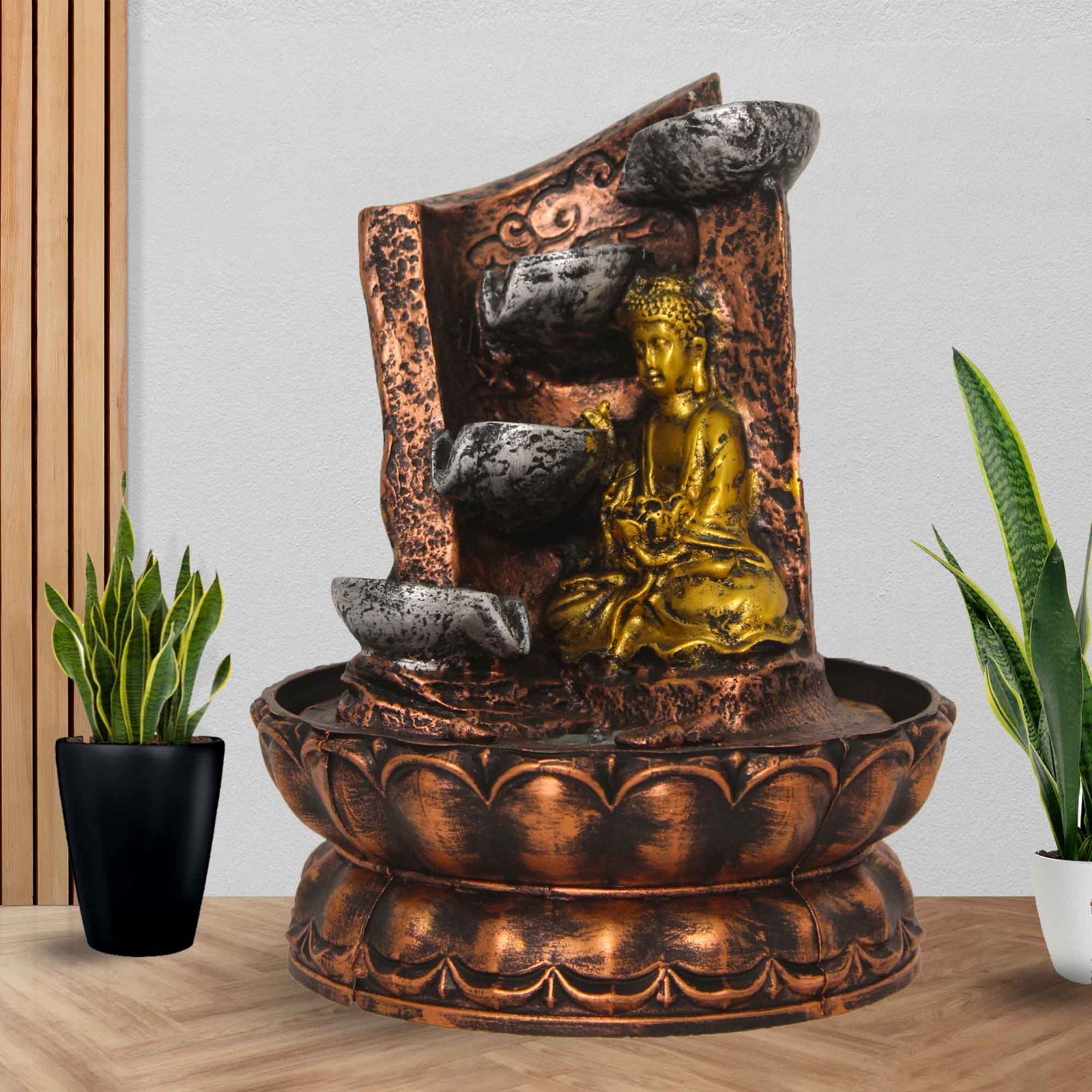 Artistic Buddha indoor water fountain Small Size With Led Light - Metalic Antique Finish 27 cm G57GX0457MGAMX