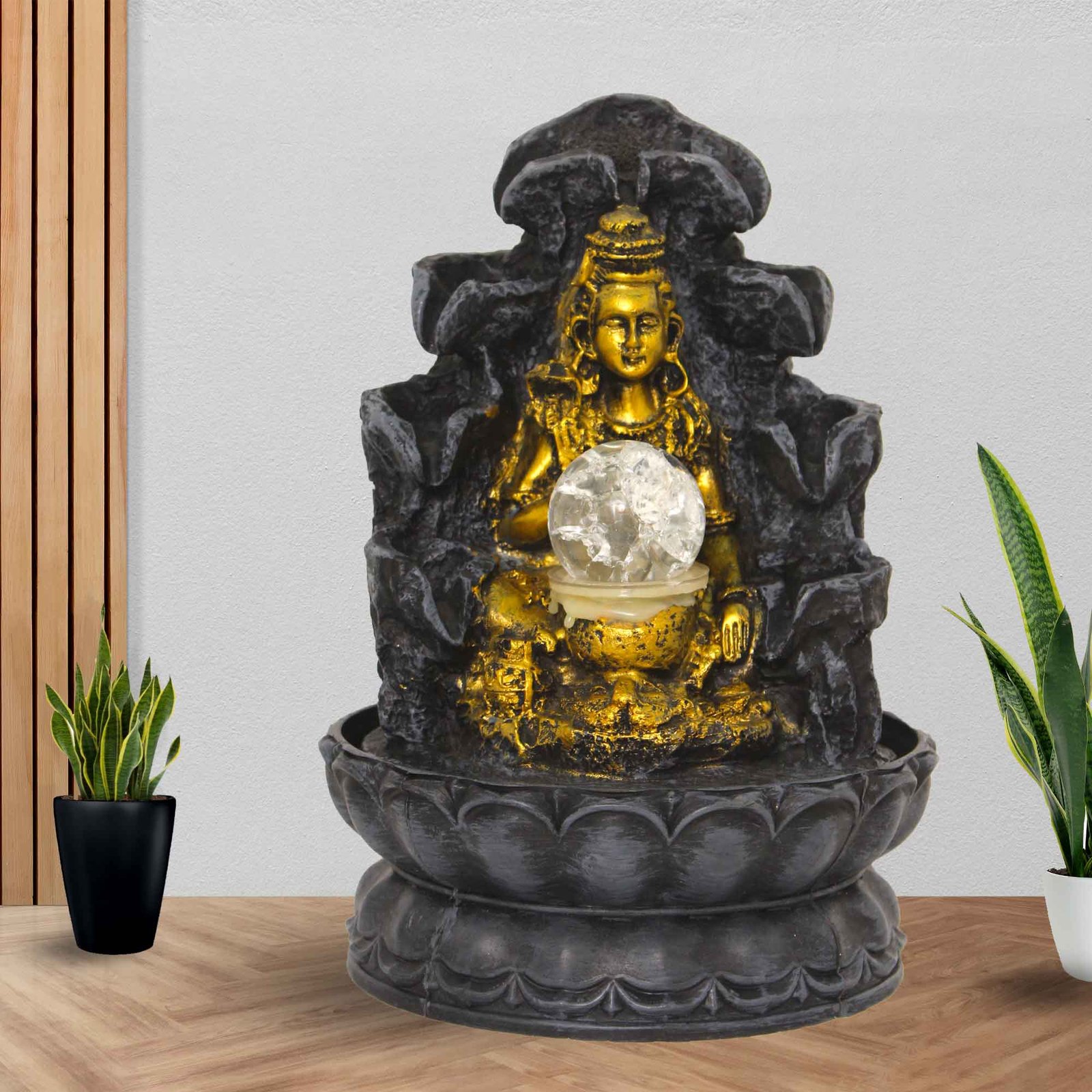 God Shiv indoor waterfall fountain With Led Light & Crystal Ball - Metalic Antique Finish 28 cm G57GX0458FGAMX