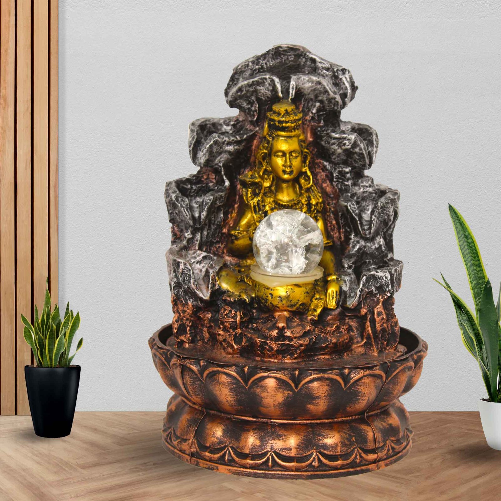 God Shiv inhouse water fountain With Led Light & Crystal Ball - Metalic Antique Finish 28 cm G57GX0458MGAMX