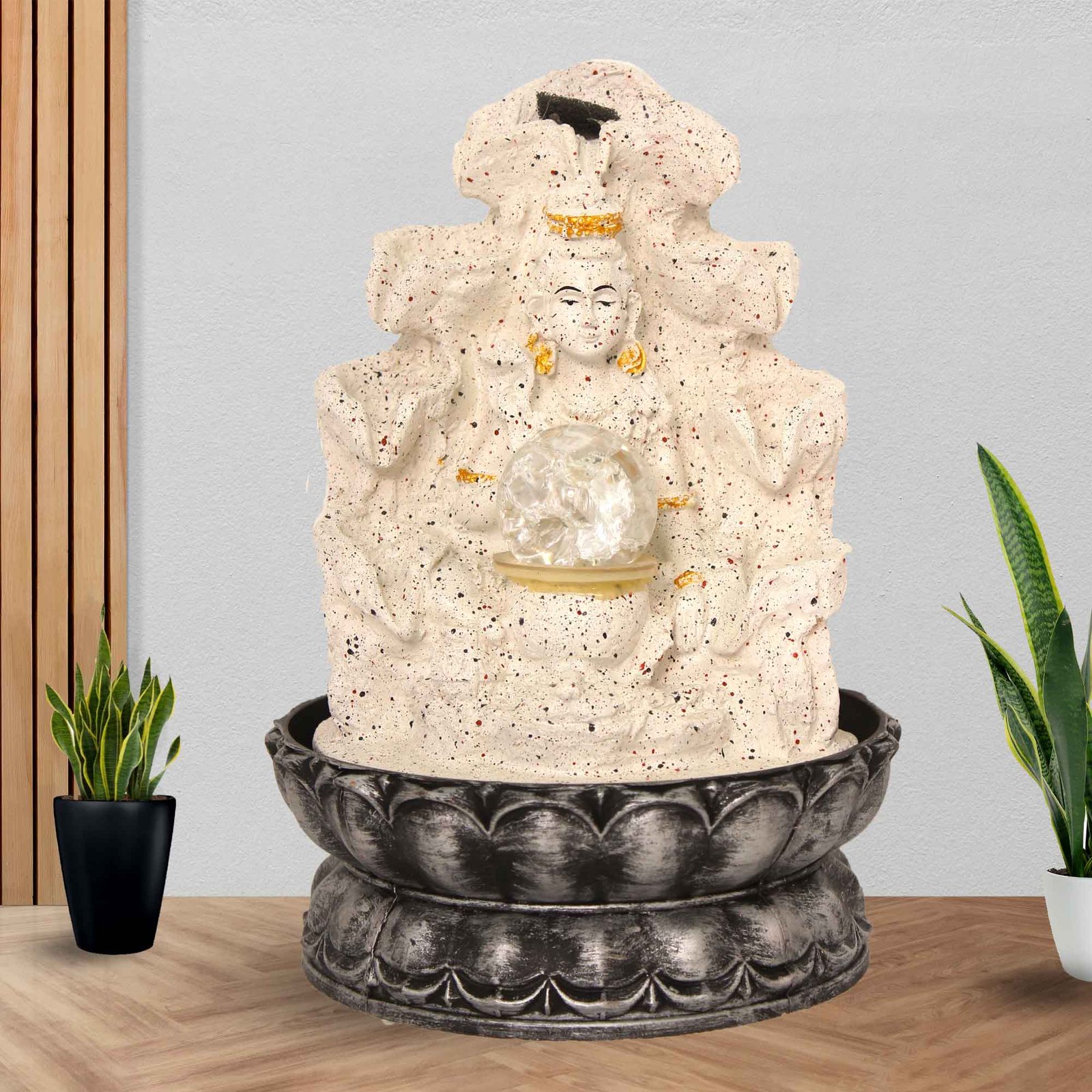 God Shiv indoor water fountain for home With Led Light & Crystal Ball - sandstone Finish 28 cm G57GX0458WGDMX