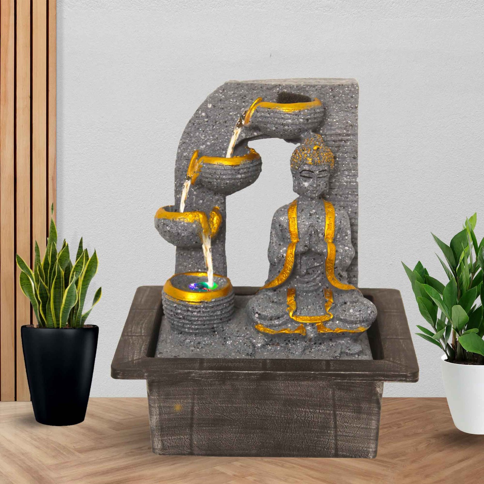 Meditating Buddha Decorative water fountain for home vastu With Led Light - sandstone Finish 25 cm G57GX0459FGDMX