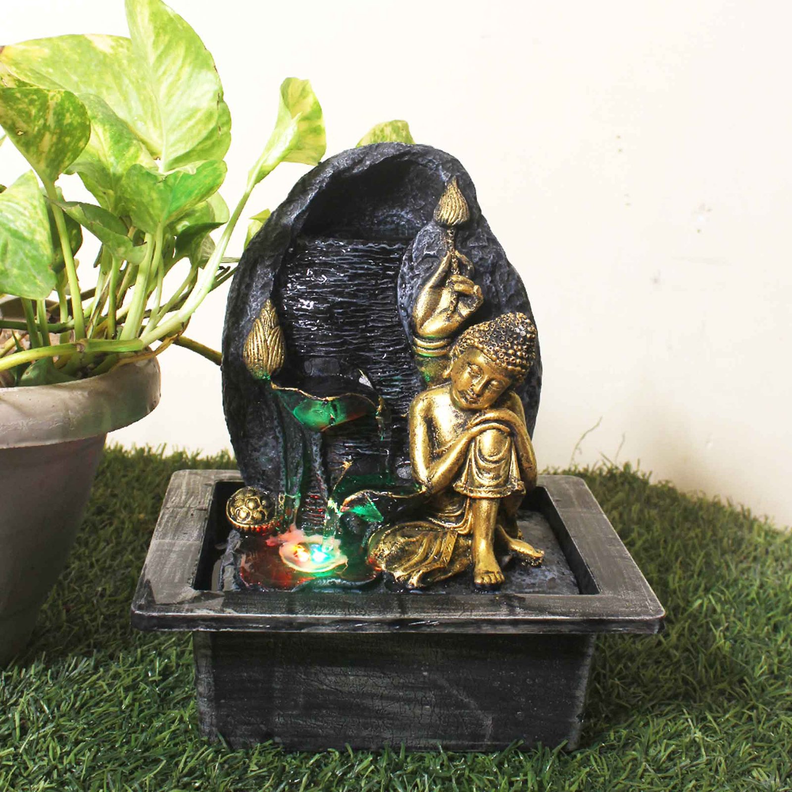 Resting Buddha waterfall for home decoration With Led Light - Metalic Antique Finish 25 cm G57GX0462FGAMX