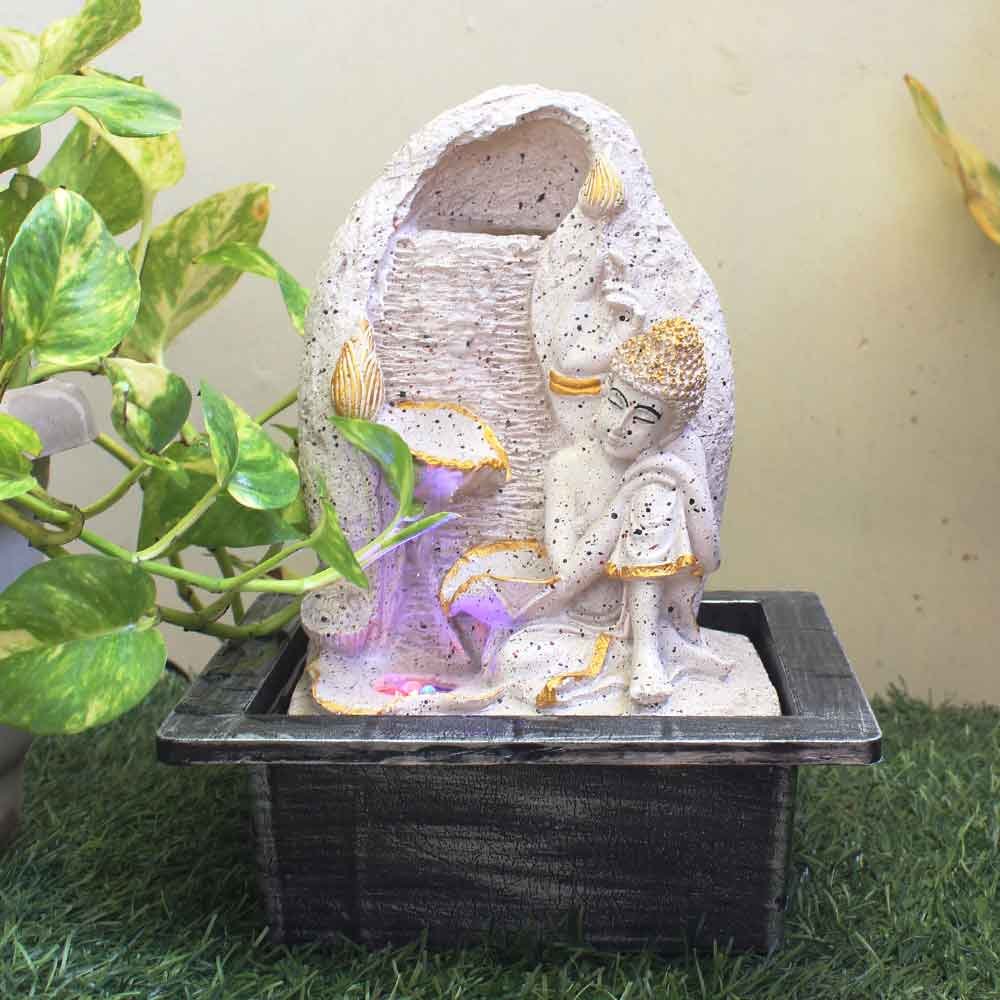 Sitting Buddha water fountain tabletop With Led Light - sandstone Finish 25 cm G57GX0462WGDMX