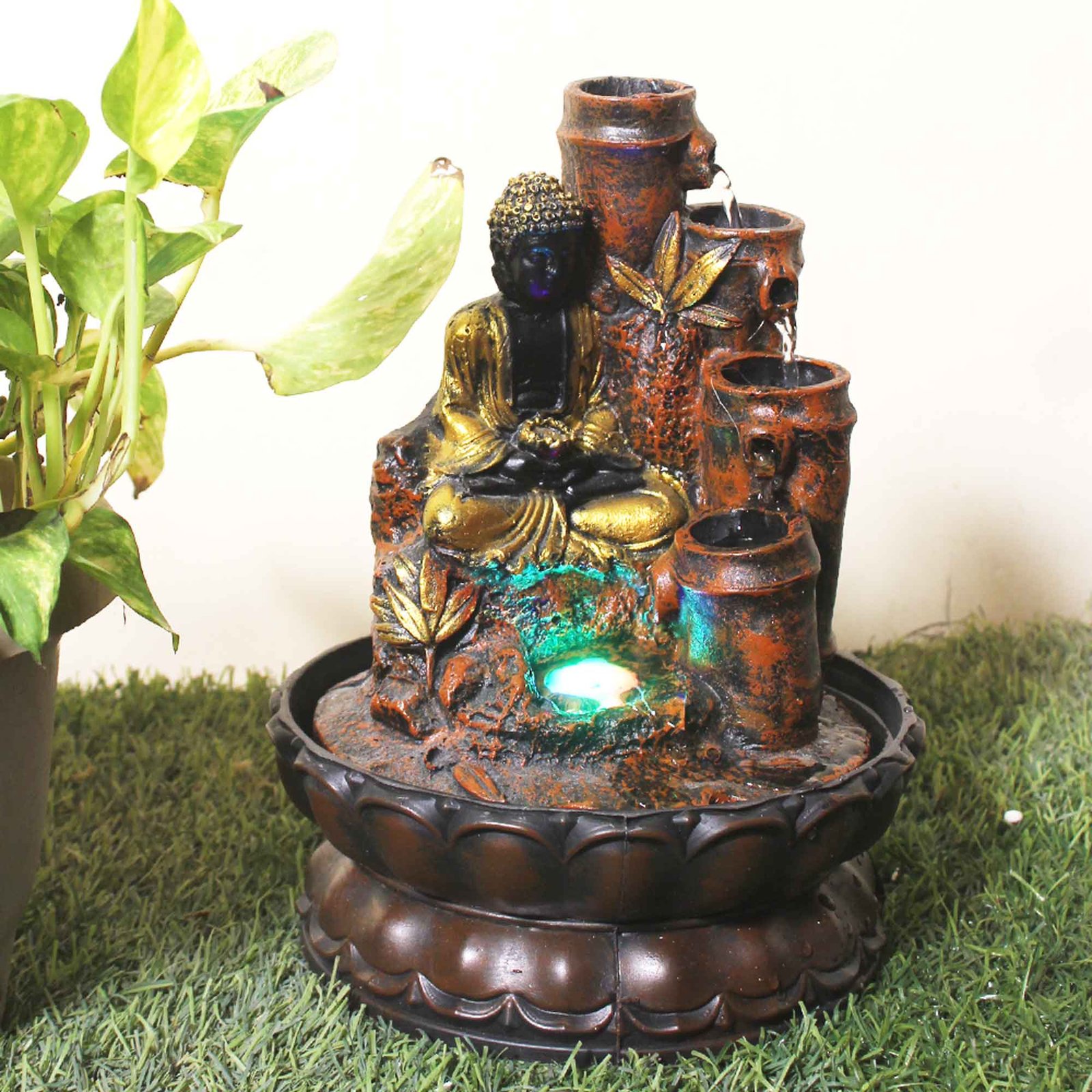 Lord Buddha Bamboo Shaped mini water fountain With Led Light - Metalic Antique Finish 27 cm G57GX0463AGAMX