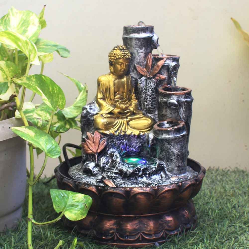 Lord Buddha Bamboo Shaped mini water fountain for home With Led Light - Metalic Antique Finish 27 cm G57GX0463MGAMX