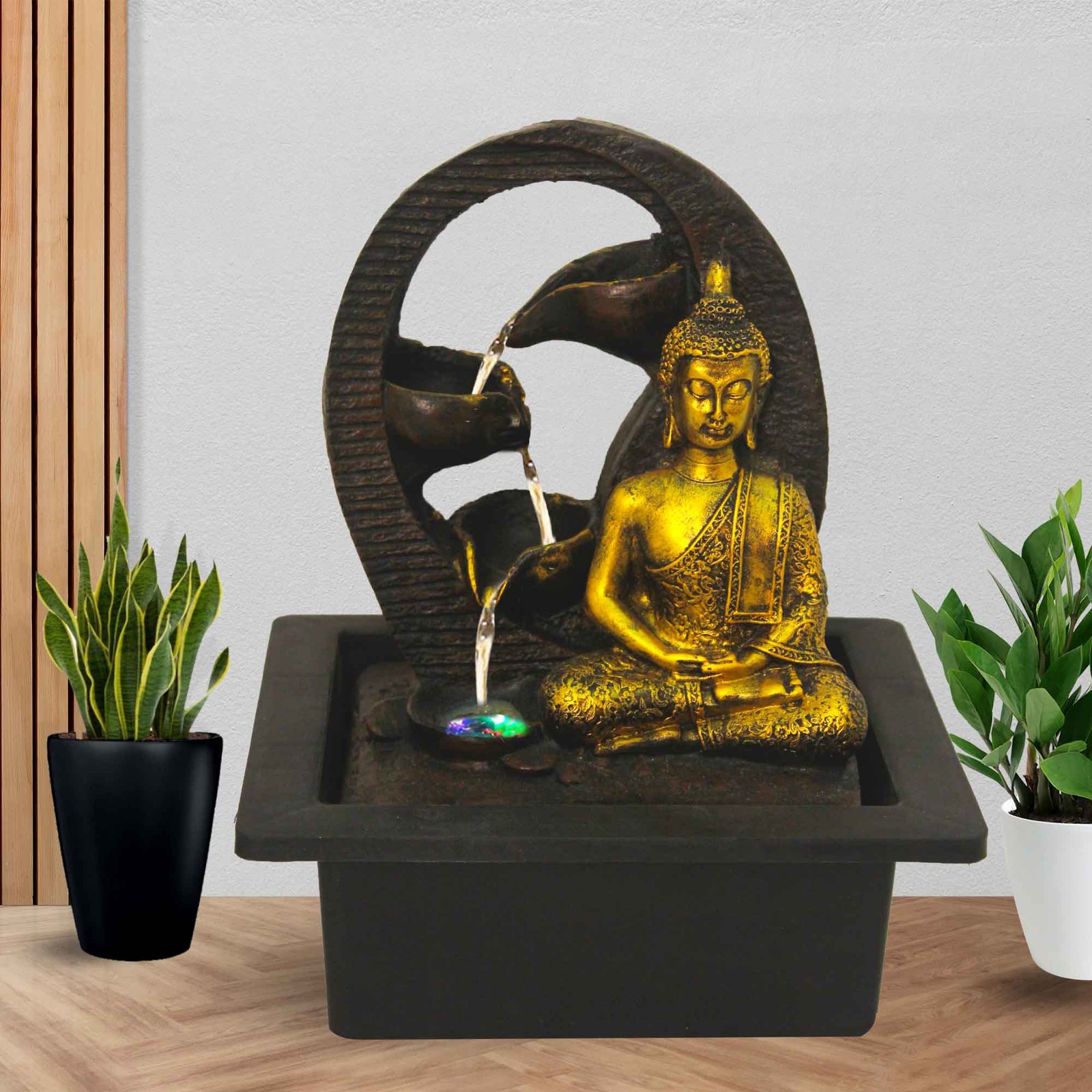 Meditation Buddha waterfall showpiece for home With Led Light - Metalic Antique Finish 25 cm G57GX0464AGAMX