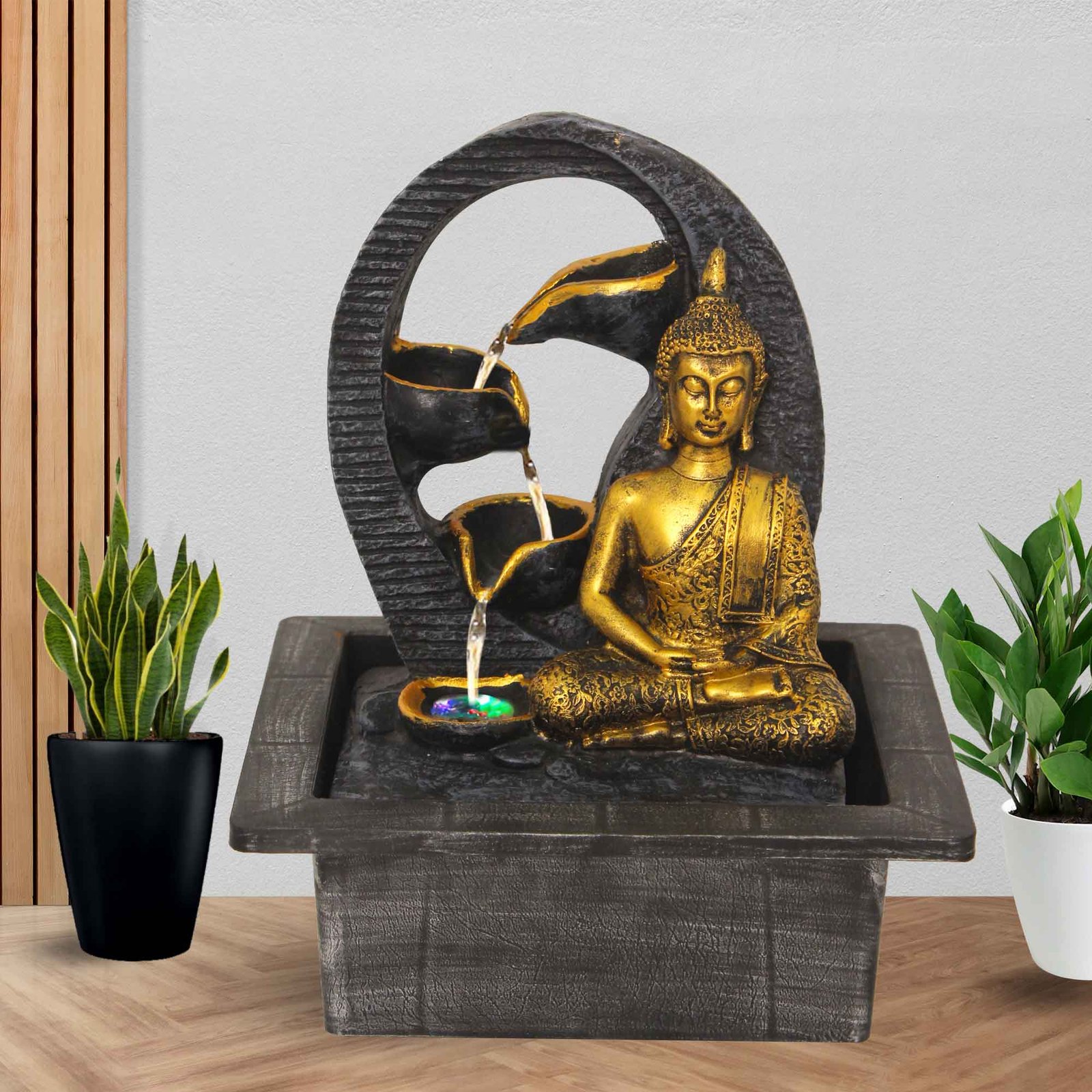 Meditation Buddha waterfall showpiece for living room With Led Light - Metalic Antique Finish 25 cm G57GX0464FGAMX
