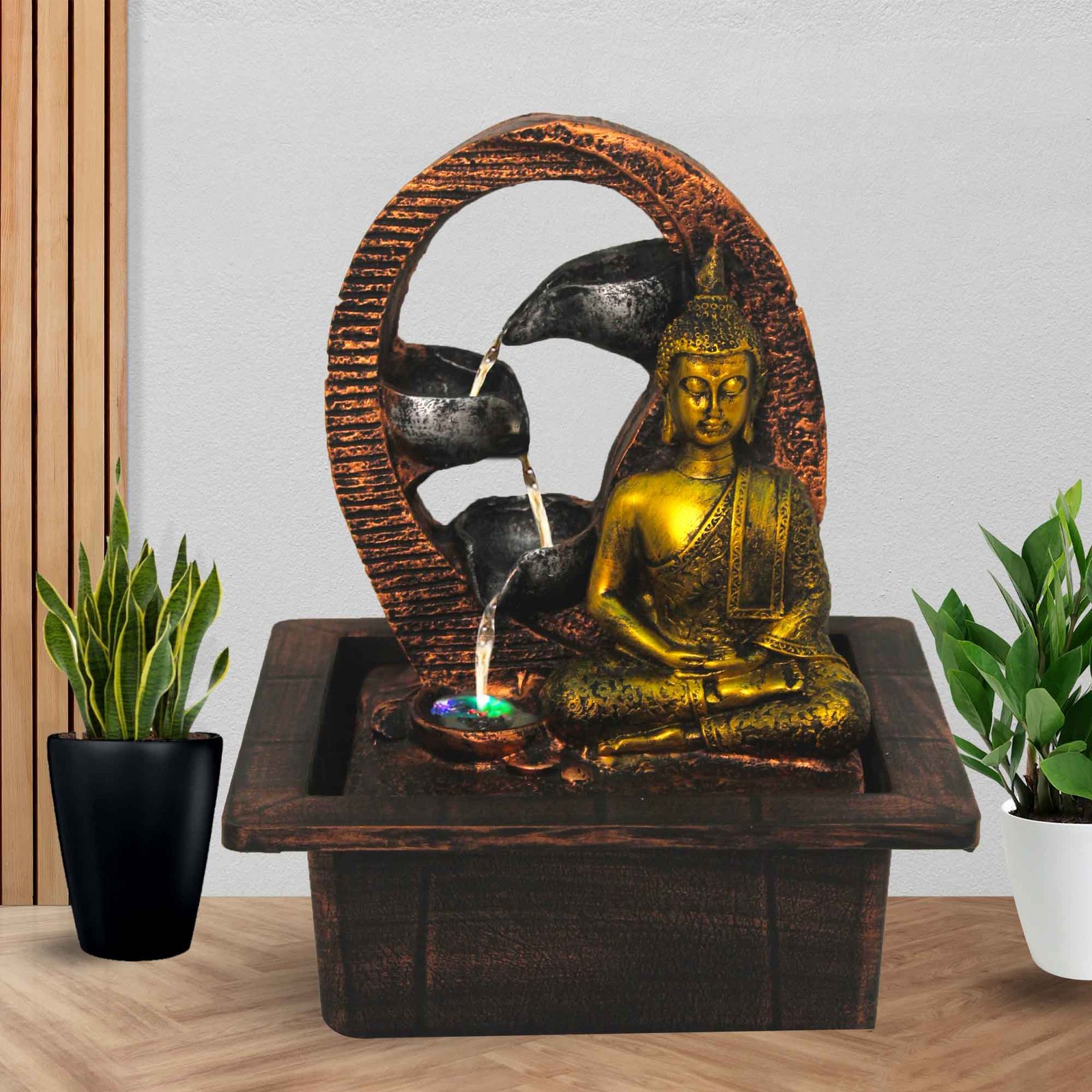 Meditation Buddha waterfall tabletop fountain With Led Light - Metalic Antique Finish 25 cm G57GX0464MGAMX