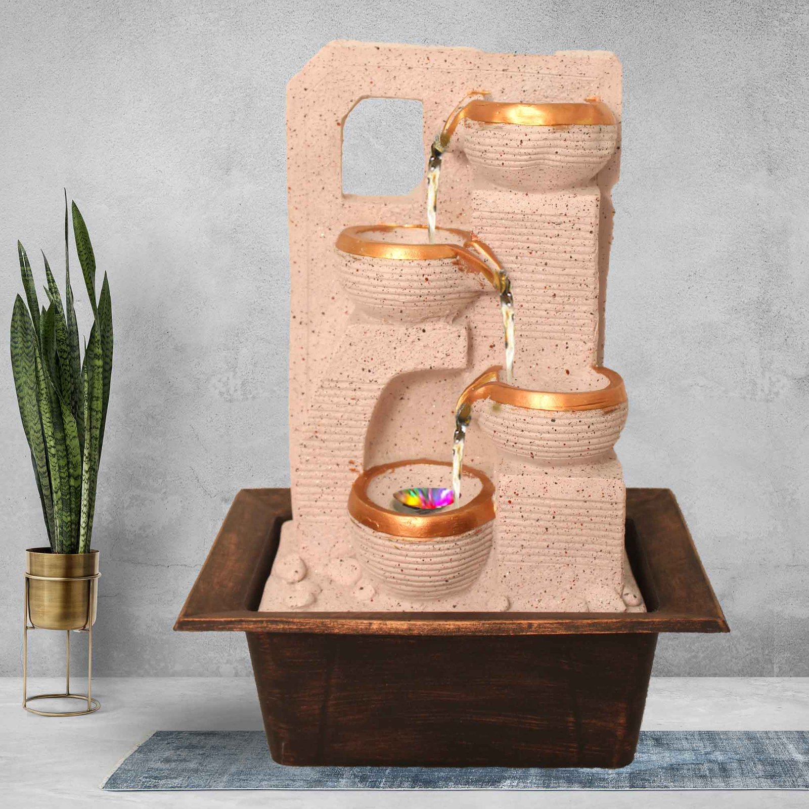 Decorative Diya tabletop waterfall fountain With Led Light - sandstone Finish 42 cm G57GX0470PCDMX