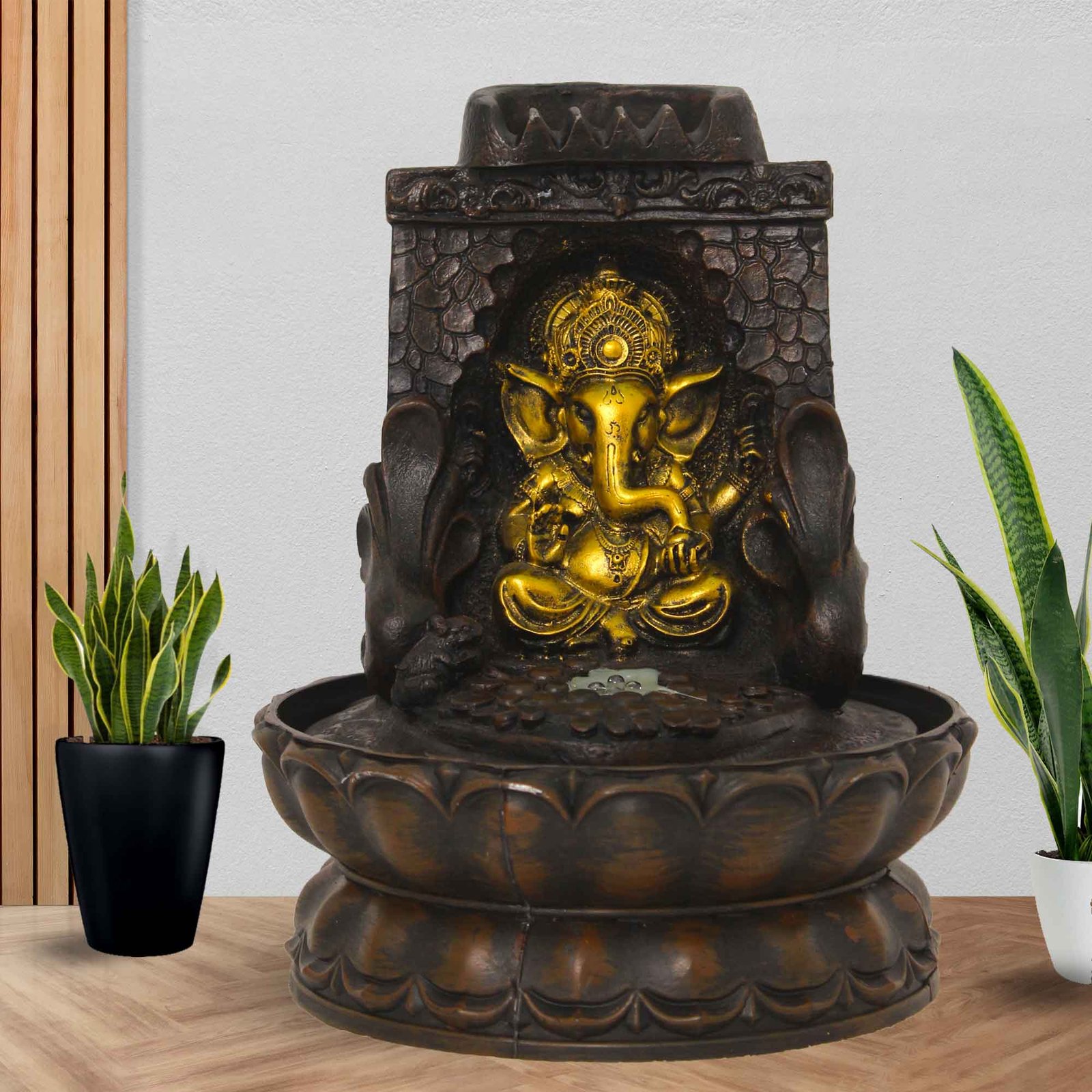 God Ganesh Shower Waterfall small fountain for home garden With Led Light - Metalic Antique Finish 25 cm G57GX0483AGAMX