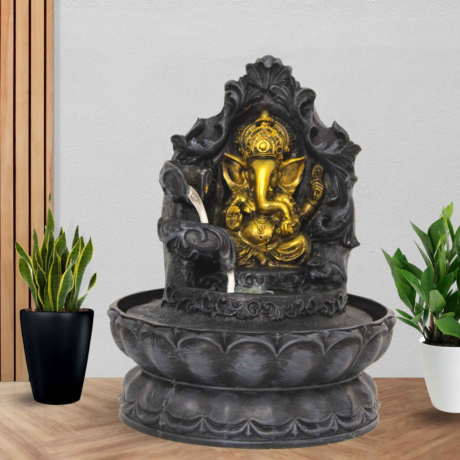 Lord Ganesha with Floral Shaped small tabletop fountain With Led Light - Metalic Antique Finish 25 cm G57GX0484FGAMX
