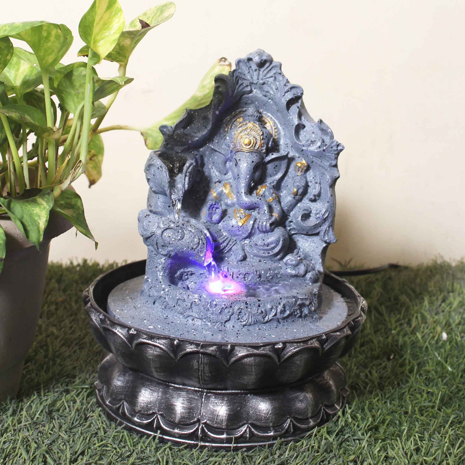 Lord Ganesha with Floral Shaped small size water fountain With Led Light - sandstone Finish 25 cm G57GX0484FGDMX