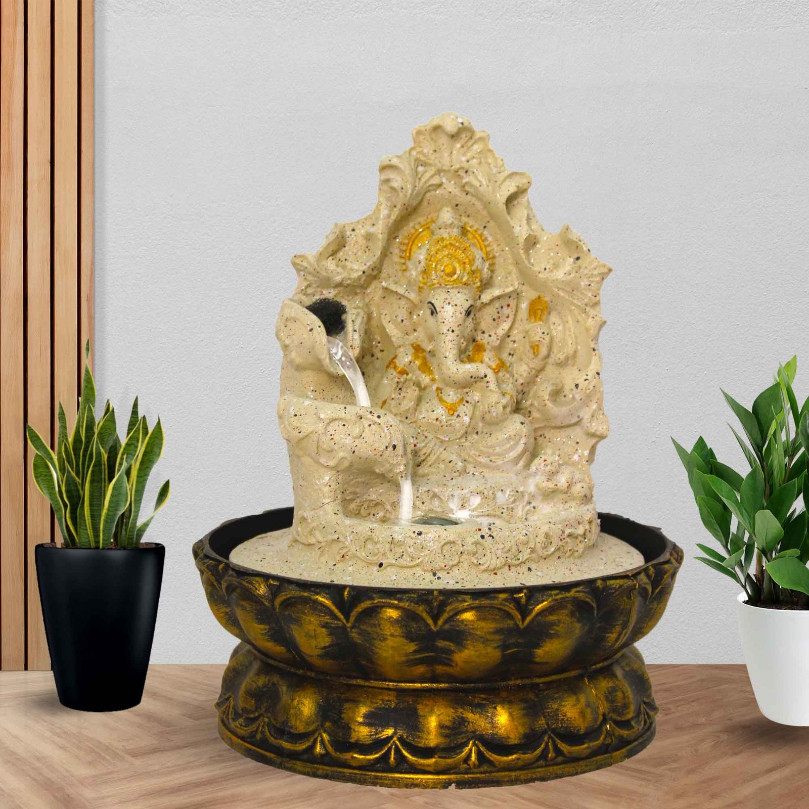Lord Ganesha with Floral Shaped small modern water feature With Led Light - sandstone Finish 25 cm G57GX0484IGDMX