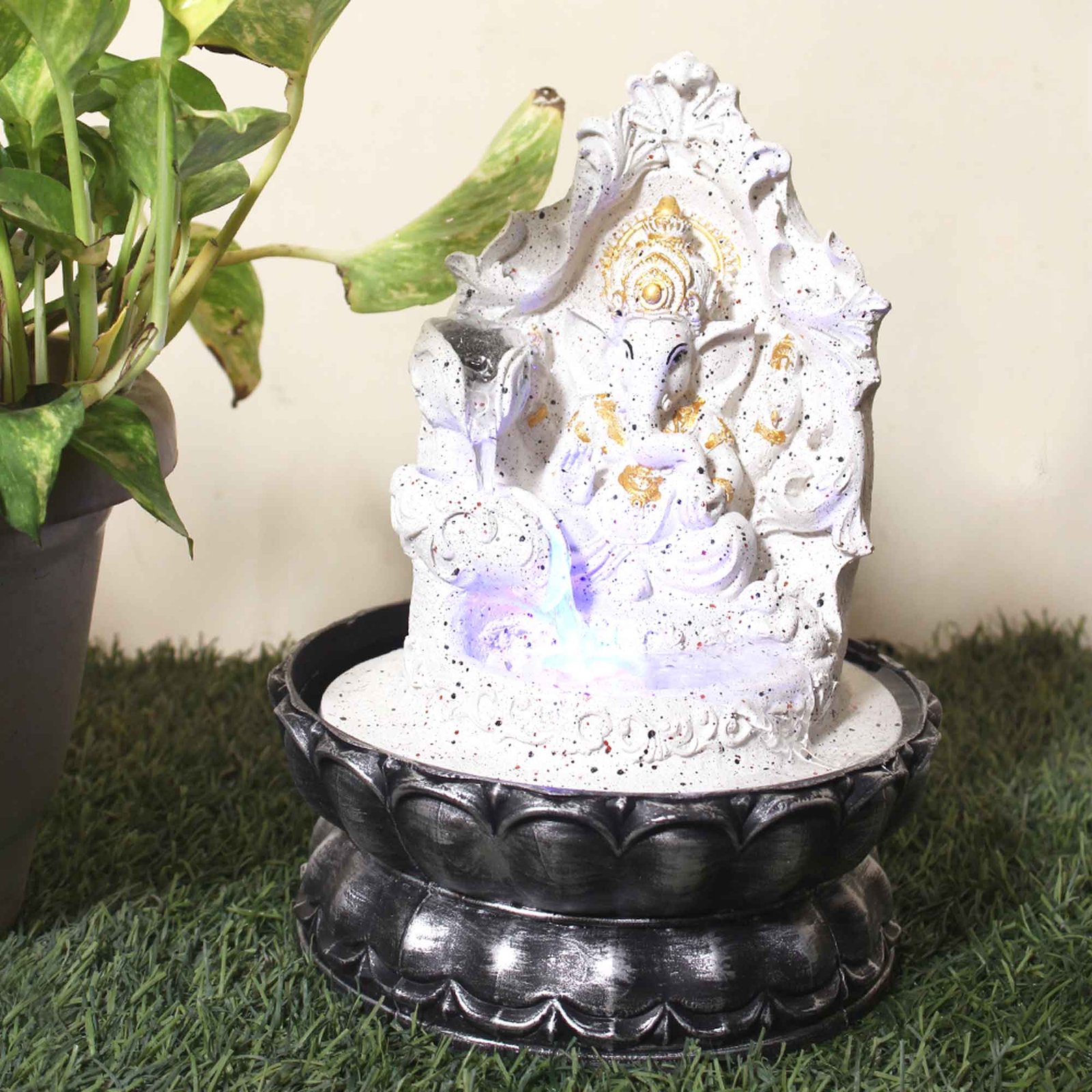 Lord Ganesha with Floral Shaped small garden fountain With Led Light - sandstone Finish 25 cm G57GX0484WGDMX