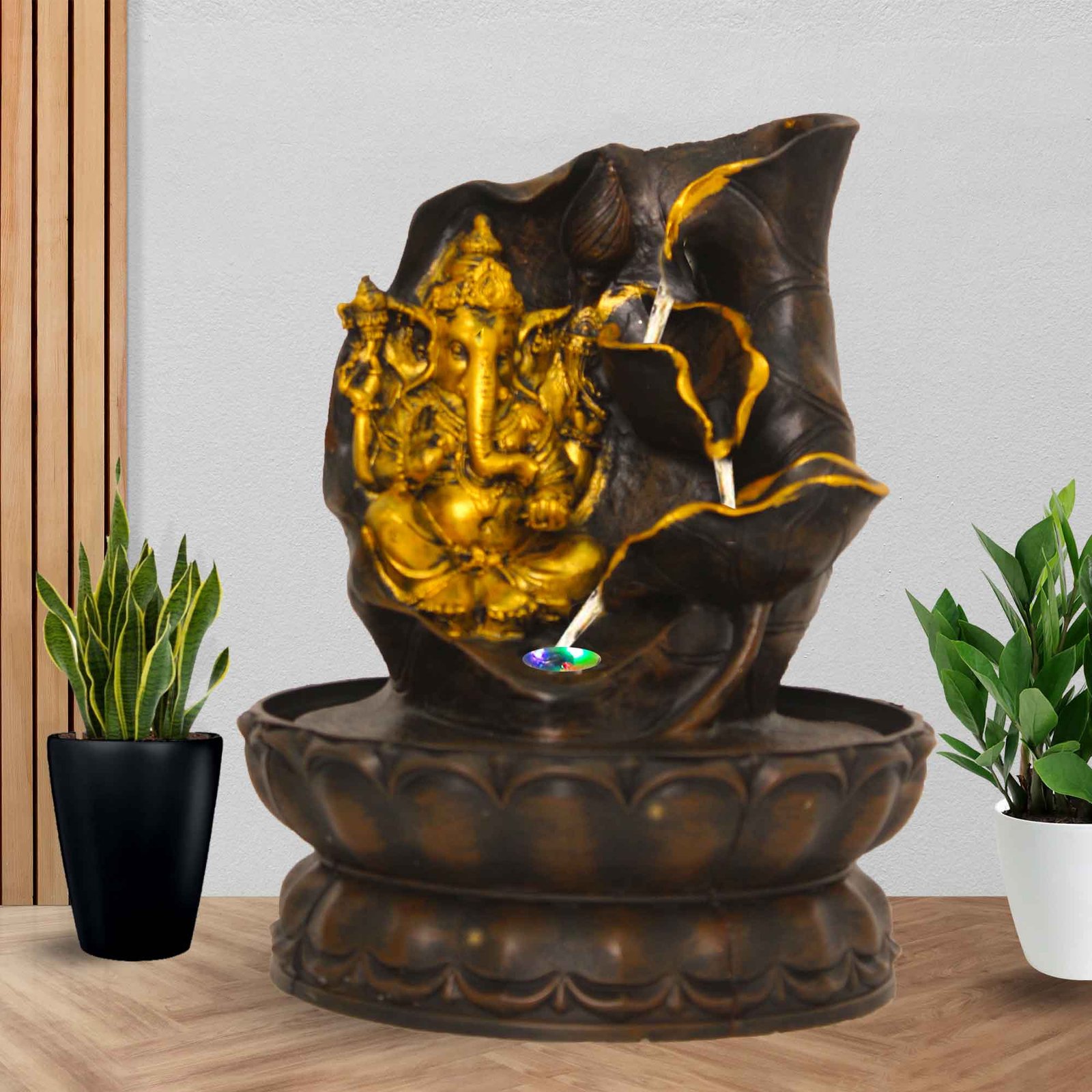 Lord Ganesha with Lotus Shaped small water fountain for living room With Led Light - Metalic Antique Finish 25 cm G57GX0487AGAMX