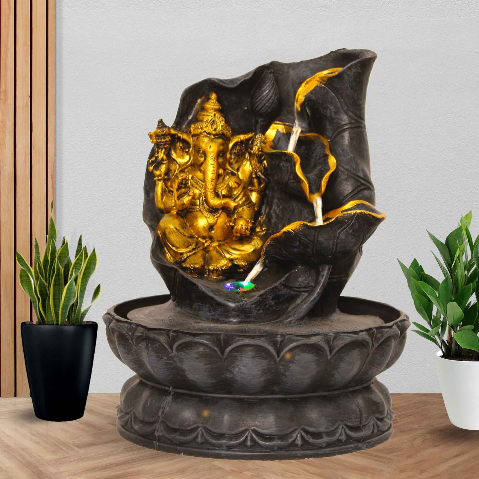 Lord Ganesha with Lotus Shaped small water fountain indoor With Led Light - Metalic Antique Finish 25 cm G57GX0487FGAMX
