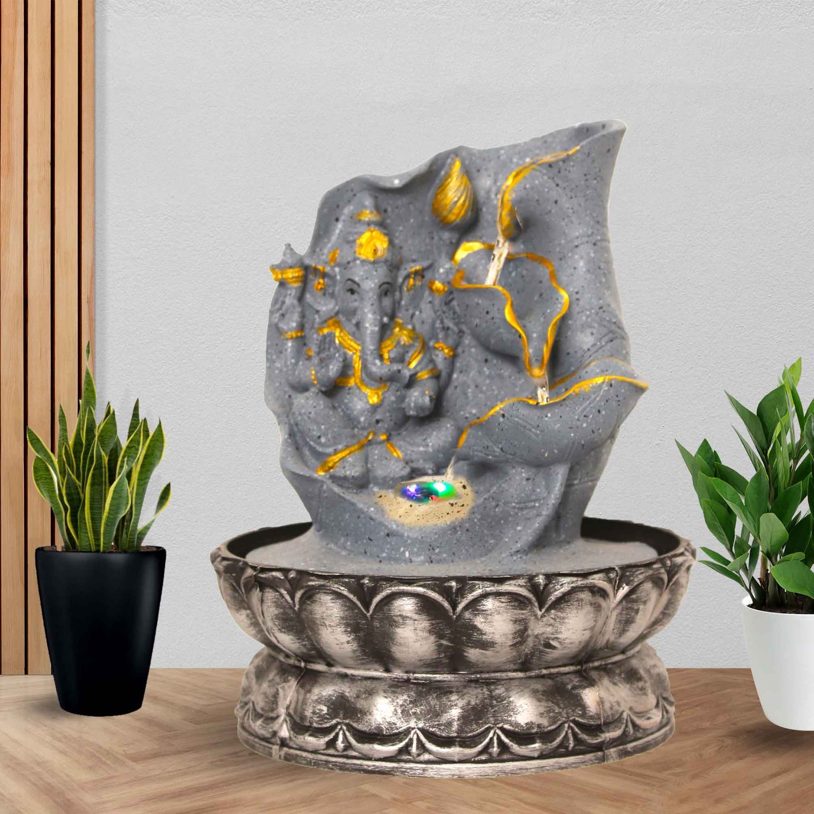 Lord Ganesha with Lotus Shaped small water fountain for home With Led Light - sandstone Finish 25 cm G57GX0487FGDMX