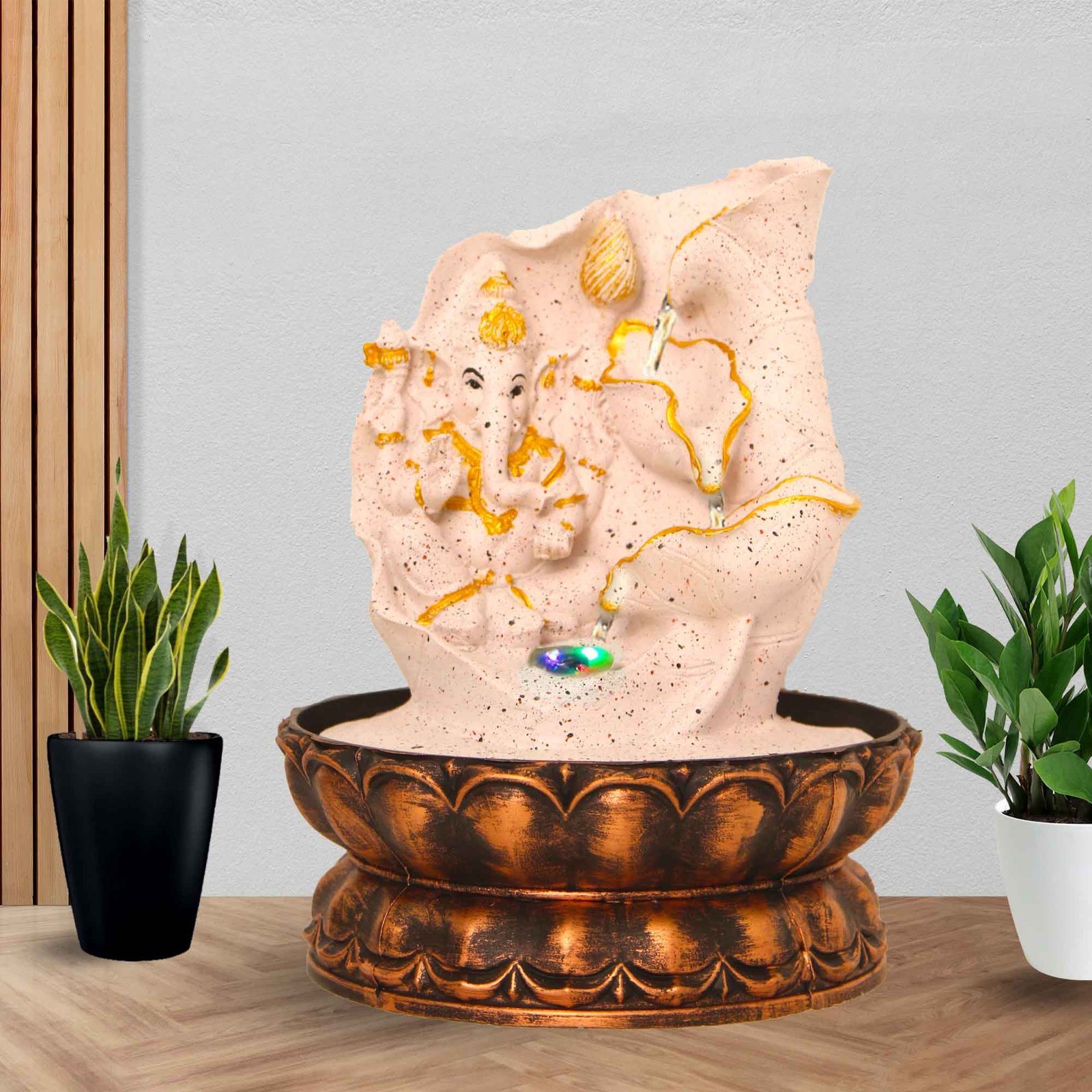 Lord Ganesha with Lotus Shaped small water fountain for desk With Led Light - sandstone Finish 25 cm G57GX0487PGDMX