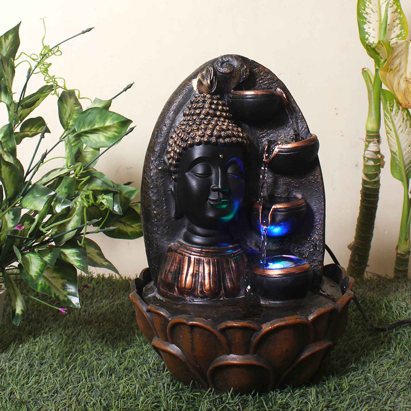 Buddha Face water fountain for home small size With Led Light - Metalic Antique Finish 38 cm G57GX0489AGAMX