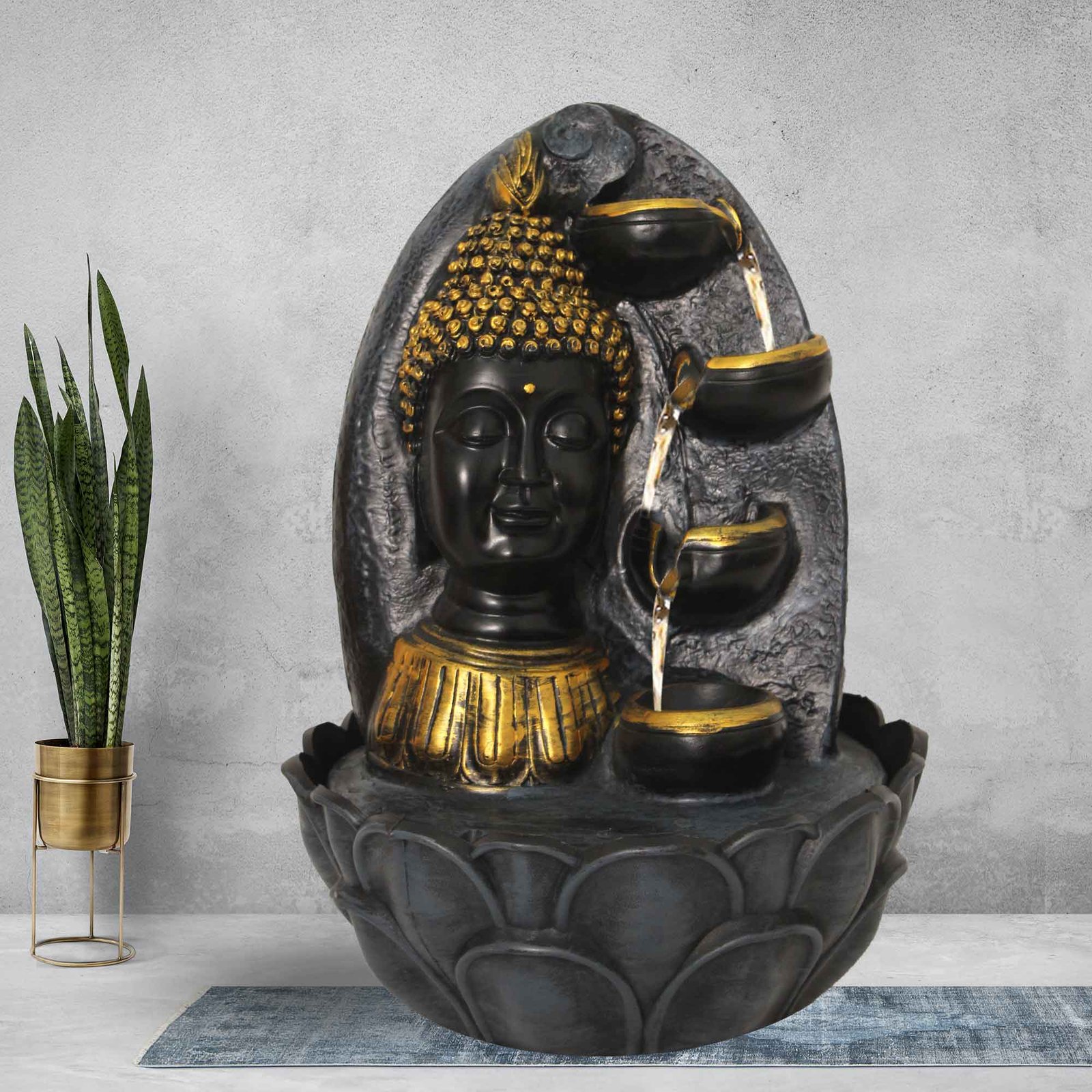 Buddha Face water fountain for home vastu With Led Light - Metalic Antique Finish 38 cm G57GX0489FGAMX