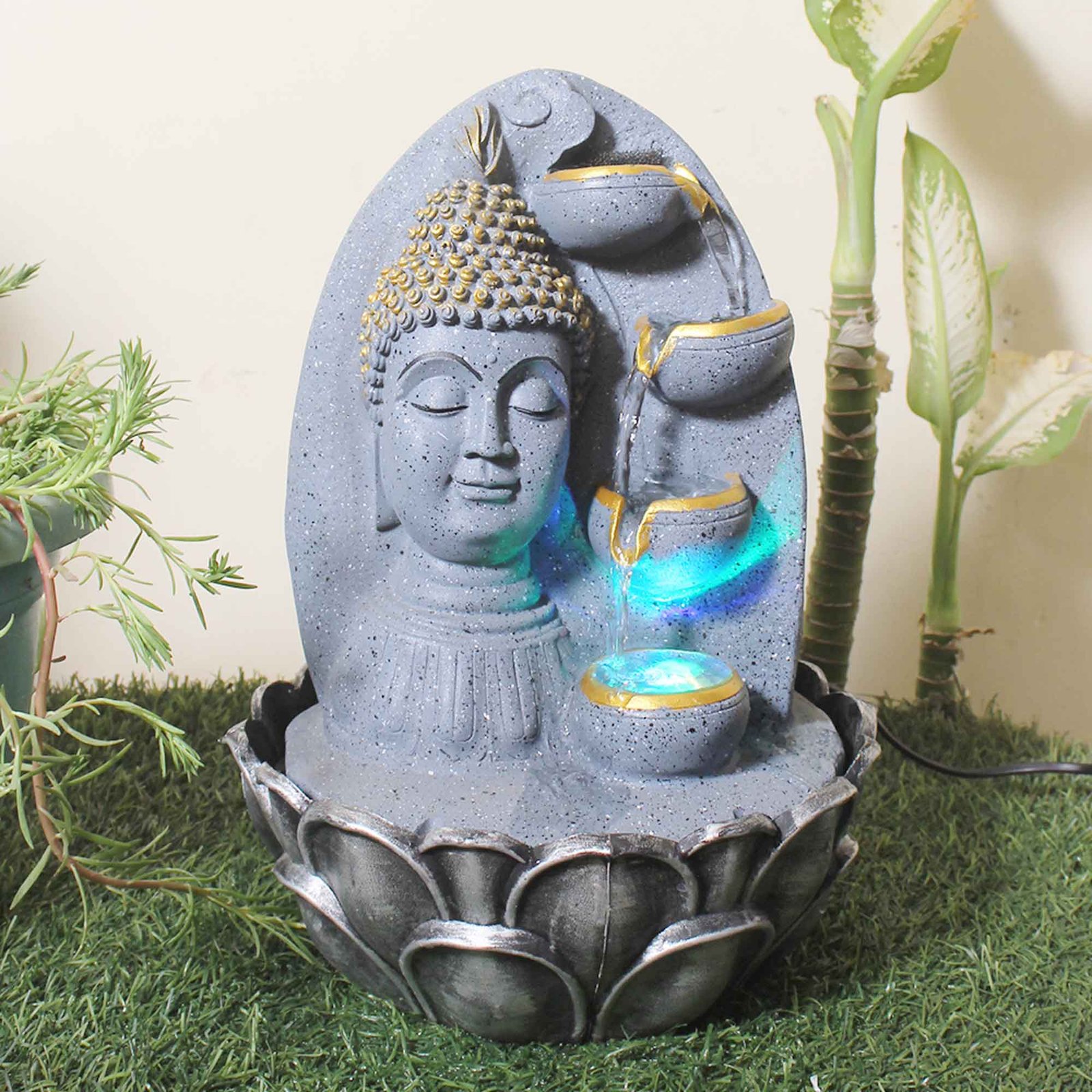 Buddha Face water fountain for home indoor With Led Light - sandstone Finish 38 cm G57GX0489FGDMX